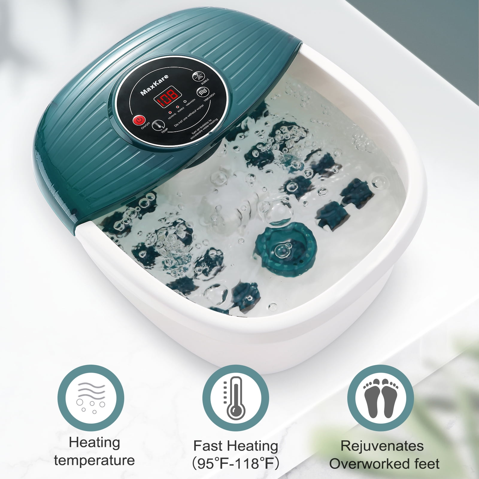 Ein Fußbad mit Wasser und Blasen. Es hat einen teal Deckel und ein weißes Becken. Symbole zeigen Heizung und Fußpflege.