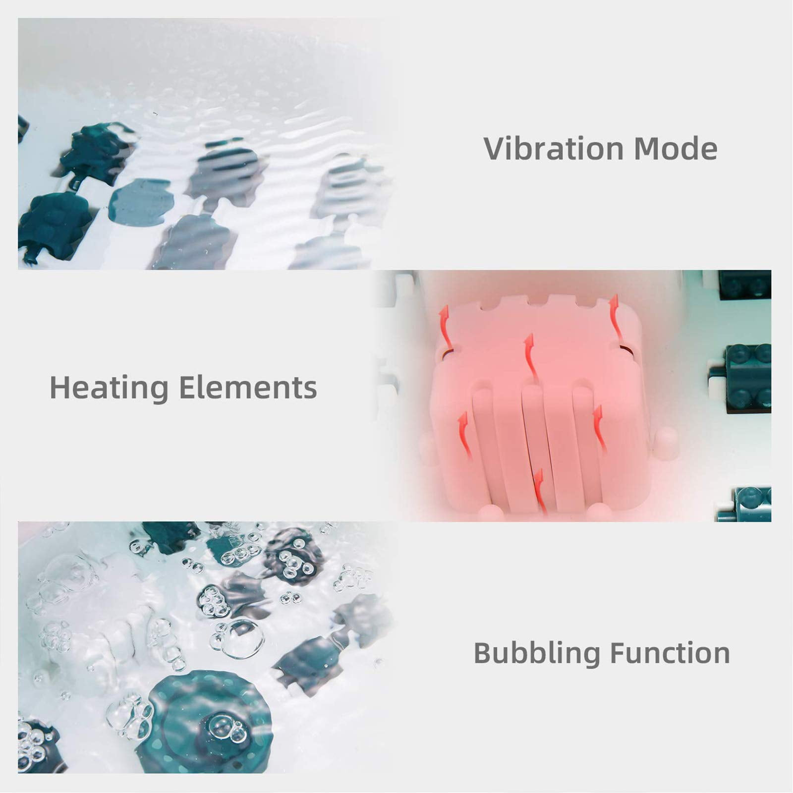 Das Bild zeigt ein Fußbad mit Vibrations-, Heiz- und Sprudelfunktionen. Merkmale sind Wasser, Fußformen und Textbeschriftungen.