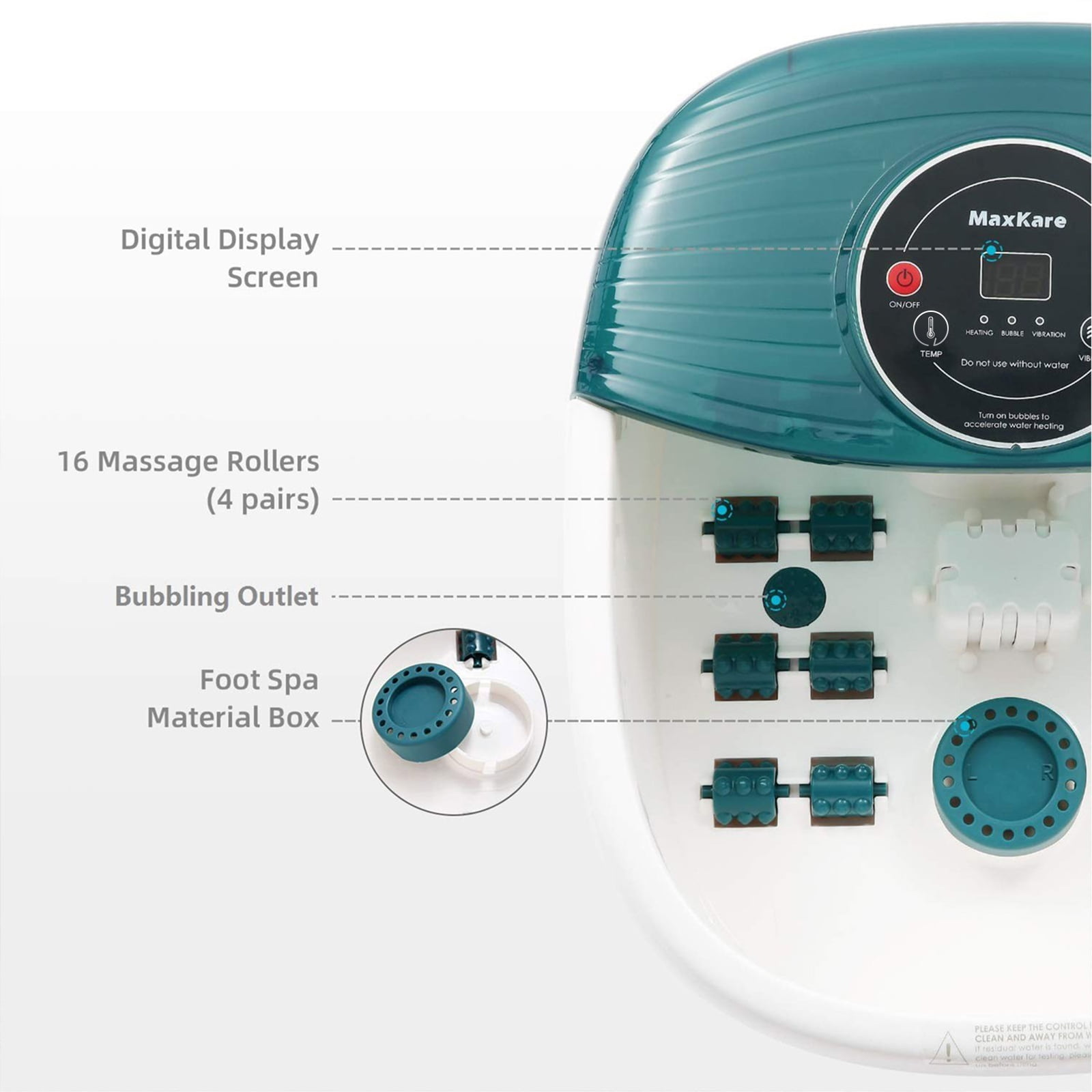 Ein Fußbad. Es hat ein digitales Display, Massagerollen, Blasenauslass und Fußbad-Materialkasten.