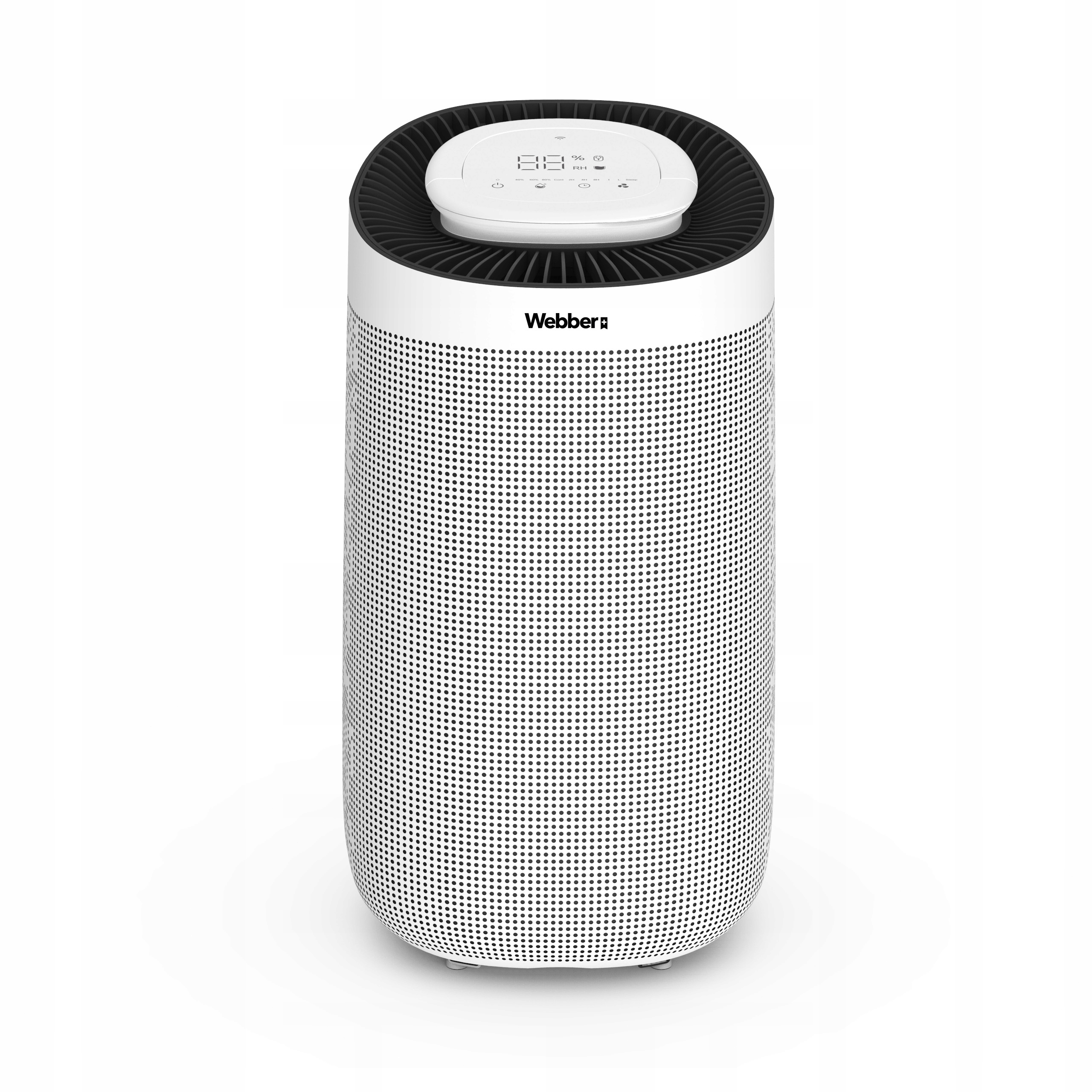 Biało-czarny oczyszczacz powietrza. Ma perforowany korpus, wyświetlacz cyfrowy i markę Webber.