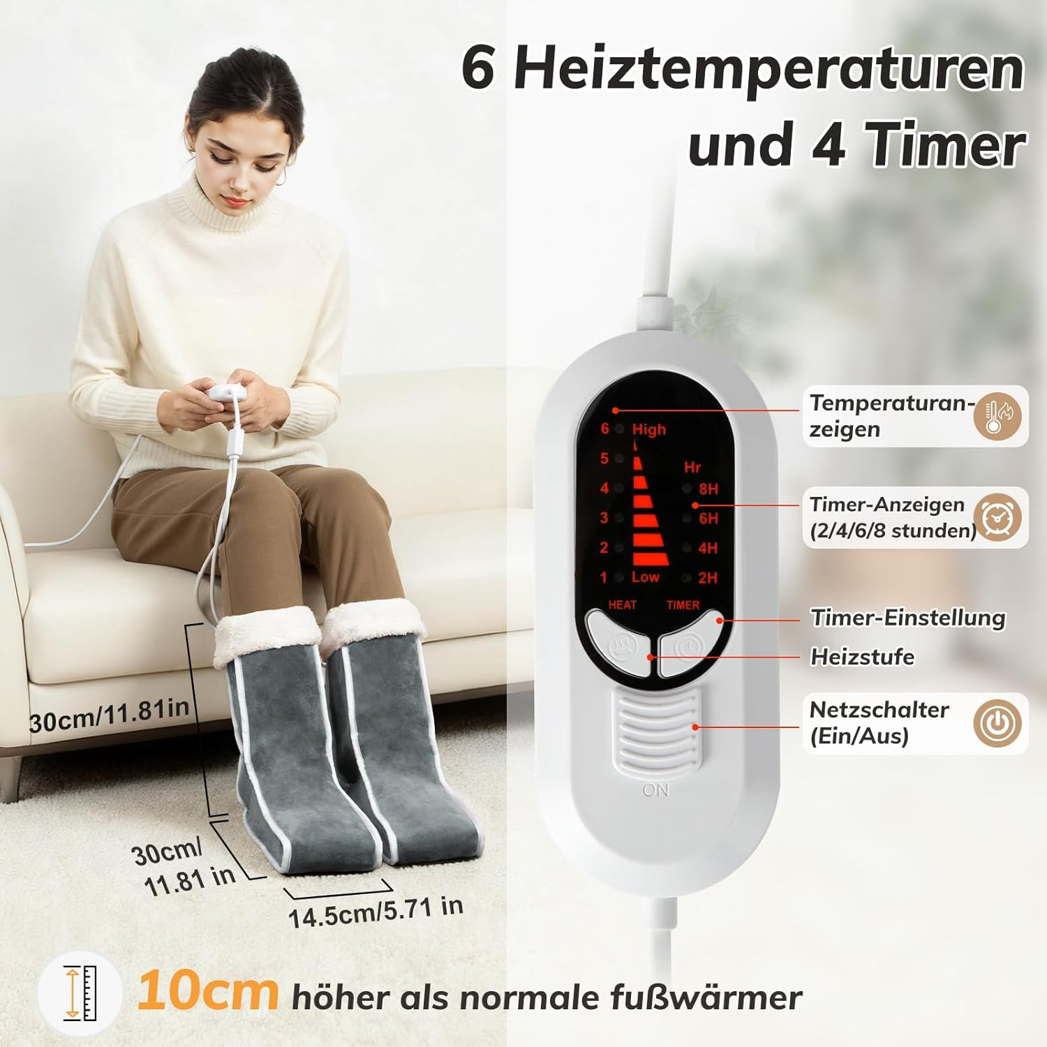 Eine Frau sitzt mit beheizten Stiefeln. Das Bedienfeld zeigt 6 Heizstufen und 4 Timer. Abmessungen mit Maßen werden angezeigt.