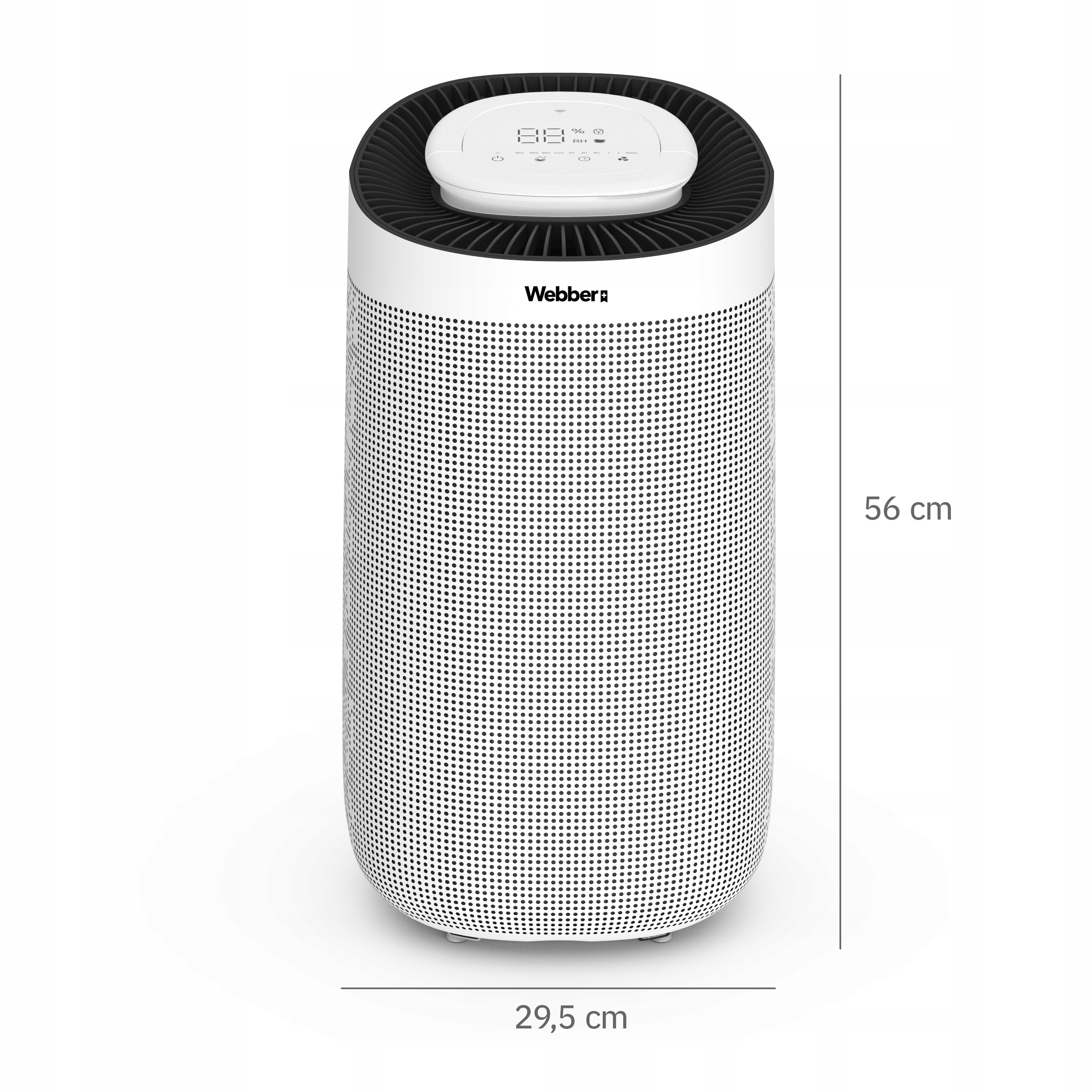 Biało-czysty oczyszczacz powietrza z wyświetlaczem, perforowanym korpusem i wymiarami.
