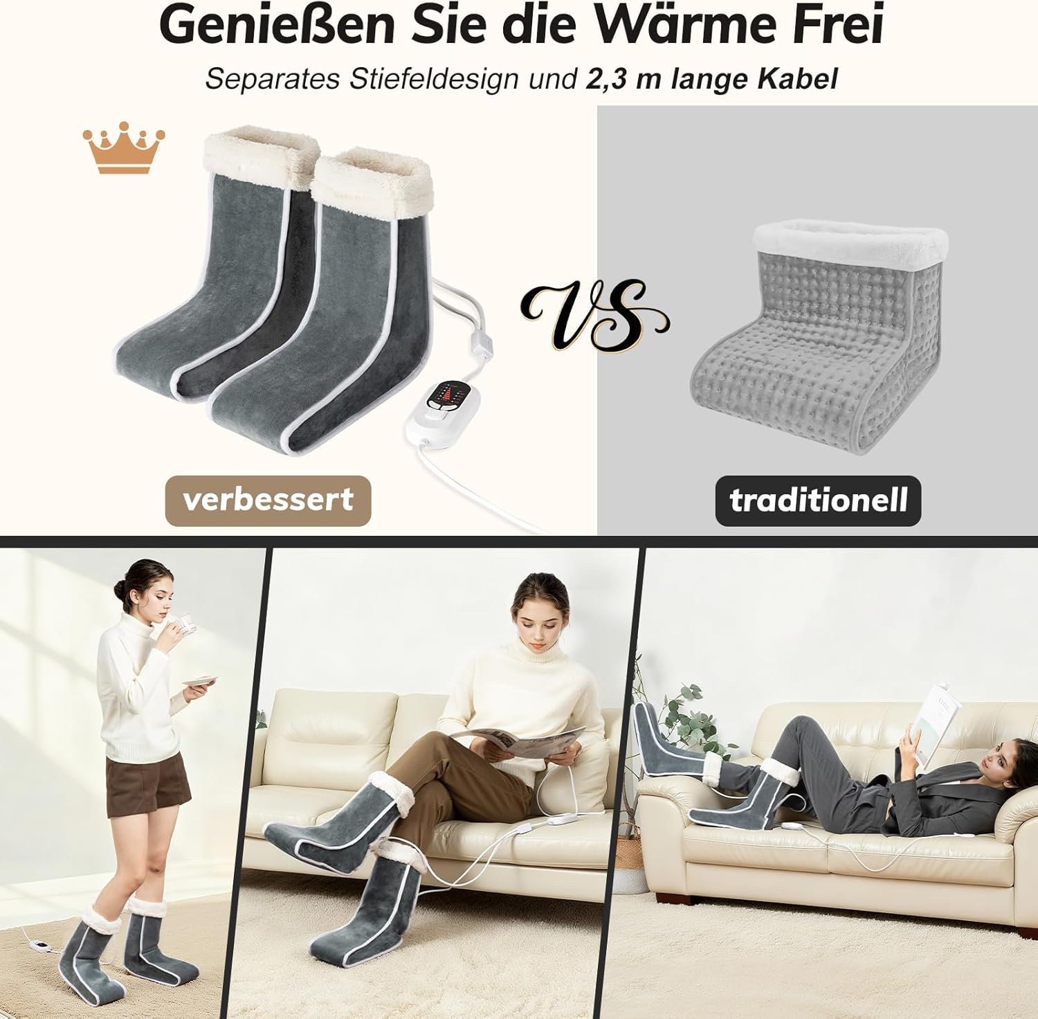 Das Bild zeigt ein beheiztes Stiefelprodukt. Es vergleicht ein modernes Stiefeldesign mit einem traditionellen Heizkissen. Menschen werden bei der Benutzung der Stiefel gezeigt.