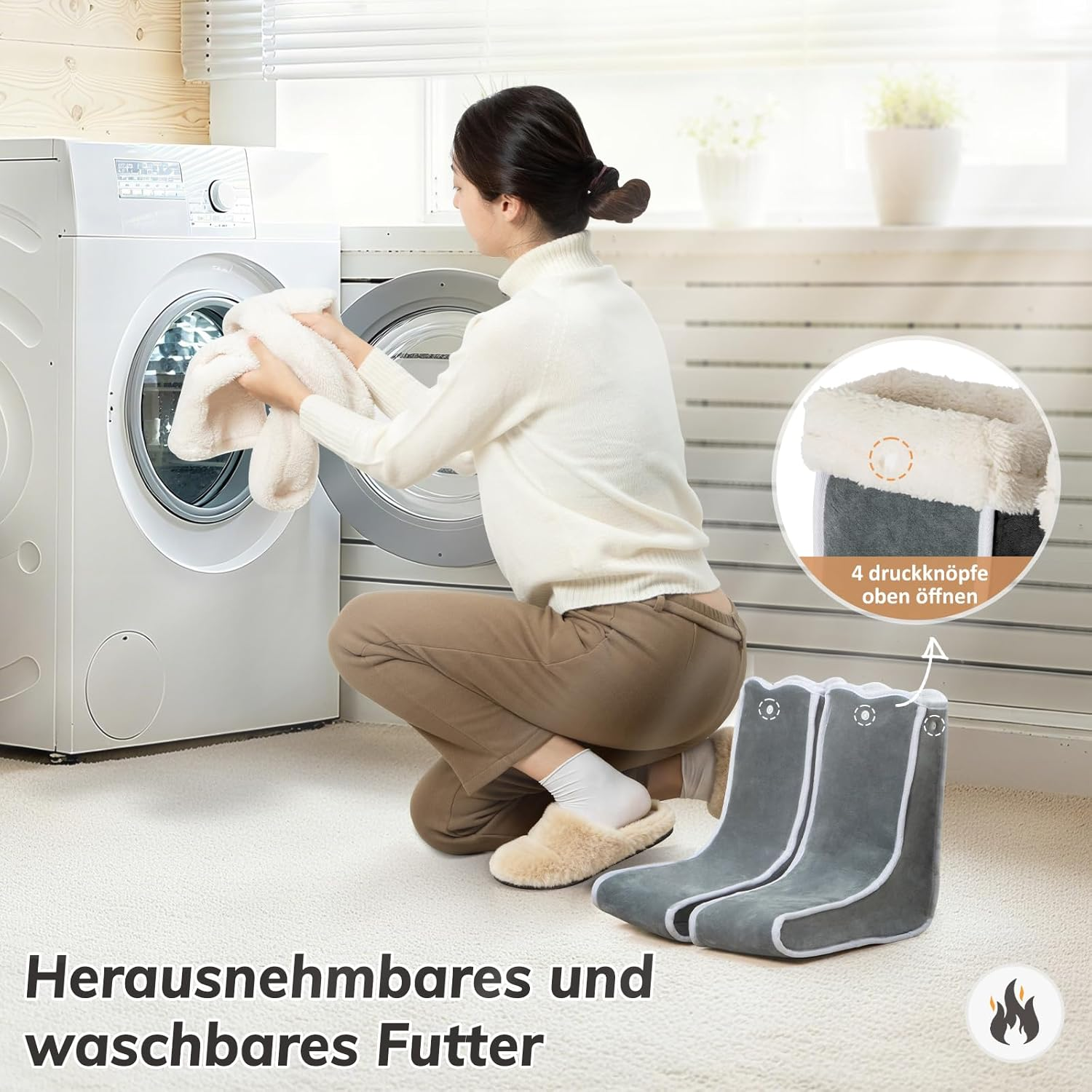 Frau an der Waschmaschine, hält ein weißes Handtuch. Zwei graue Stiefel davor. Text: 'Herausnehmbares und waschbares Futter'.