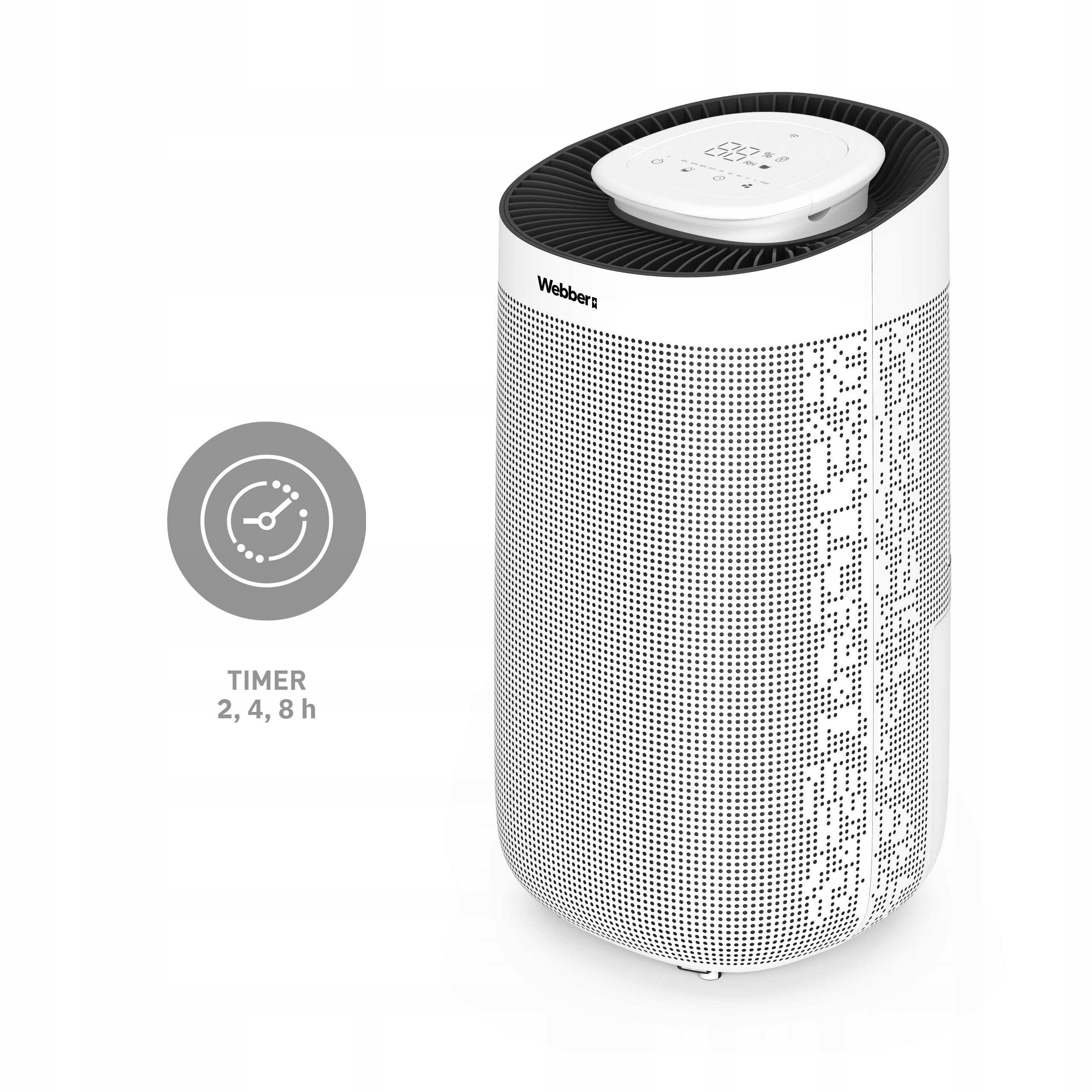Biały oczyszczacz powietrza z czarnym blatem. Ma perforowany przód i opcję timera. Widoczne logo Webber.