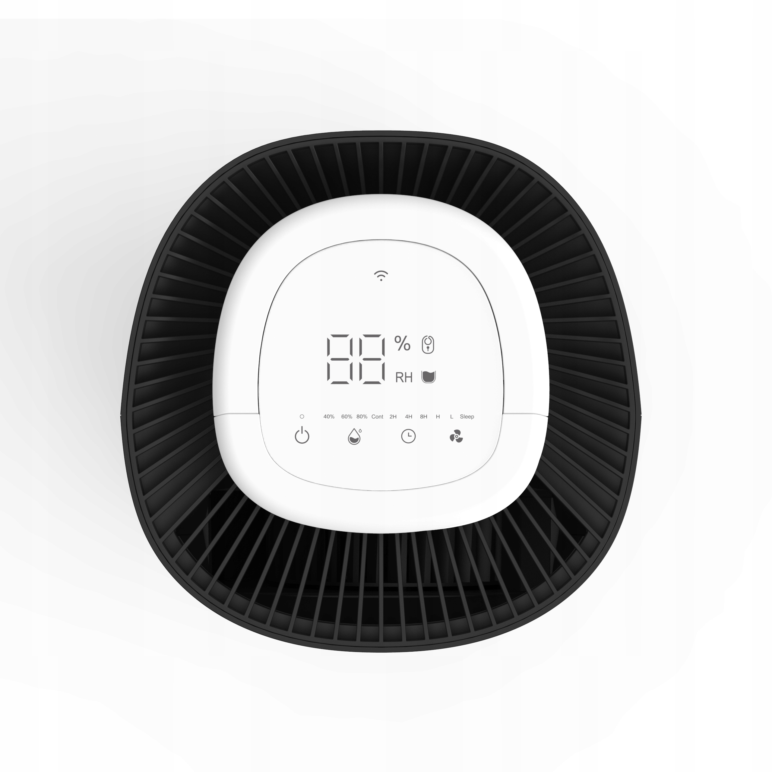 Widok z góry na czarno-biały oczyszczacz powietrza. Posiada wyświetlacz cyfrowy pokazujący wilgotność i przyciski sterowania.
