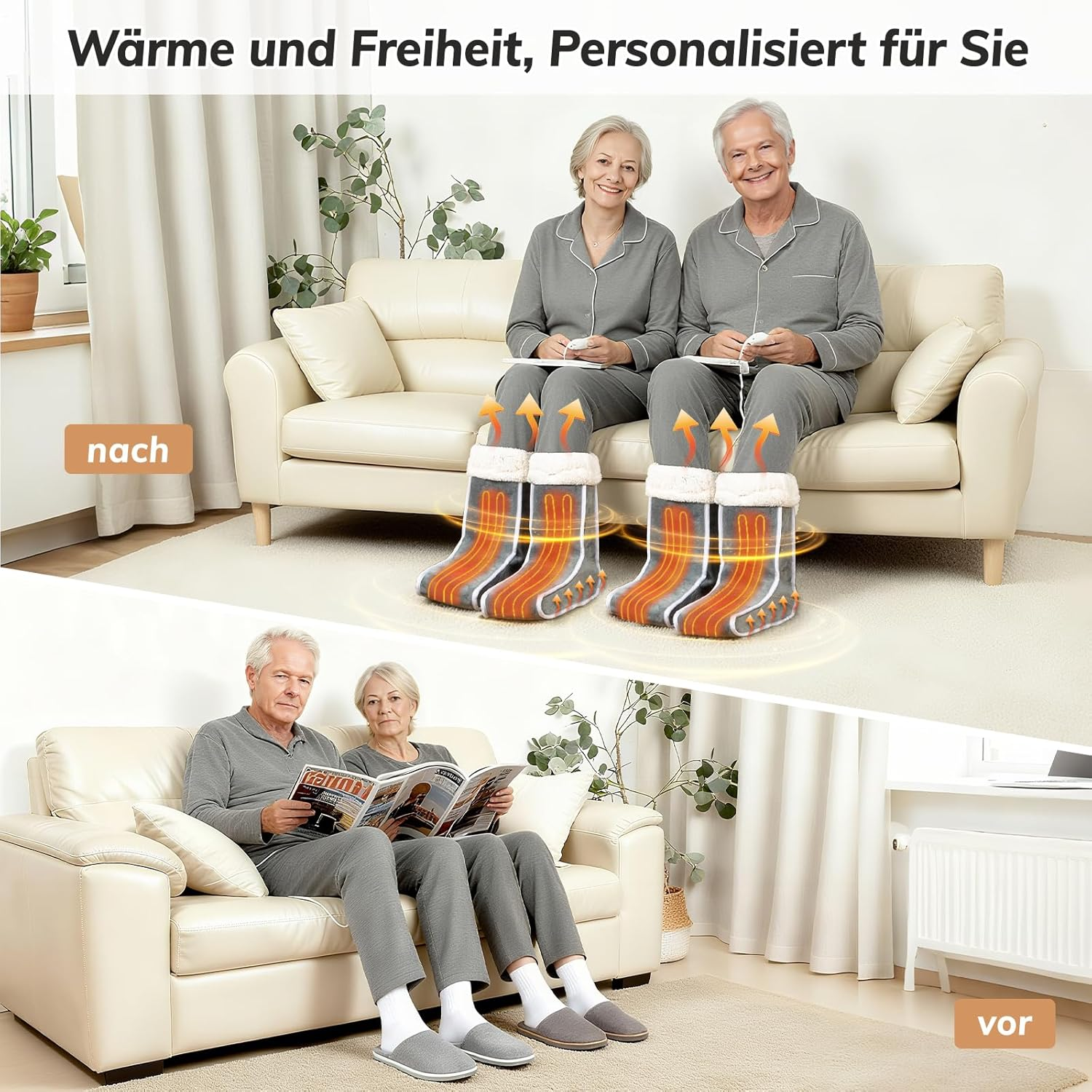 Ein älteres Ehepaar sitzt auf einem Sofa. Sie tragen passende Pyjamas und beheizte Fußwärmer. Das untere Bild zeigt sie beim Lesen.