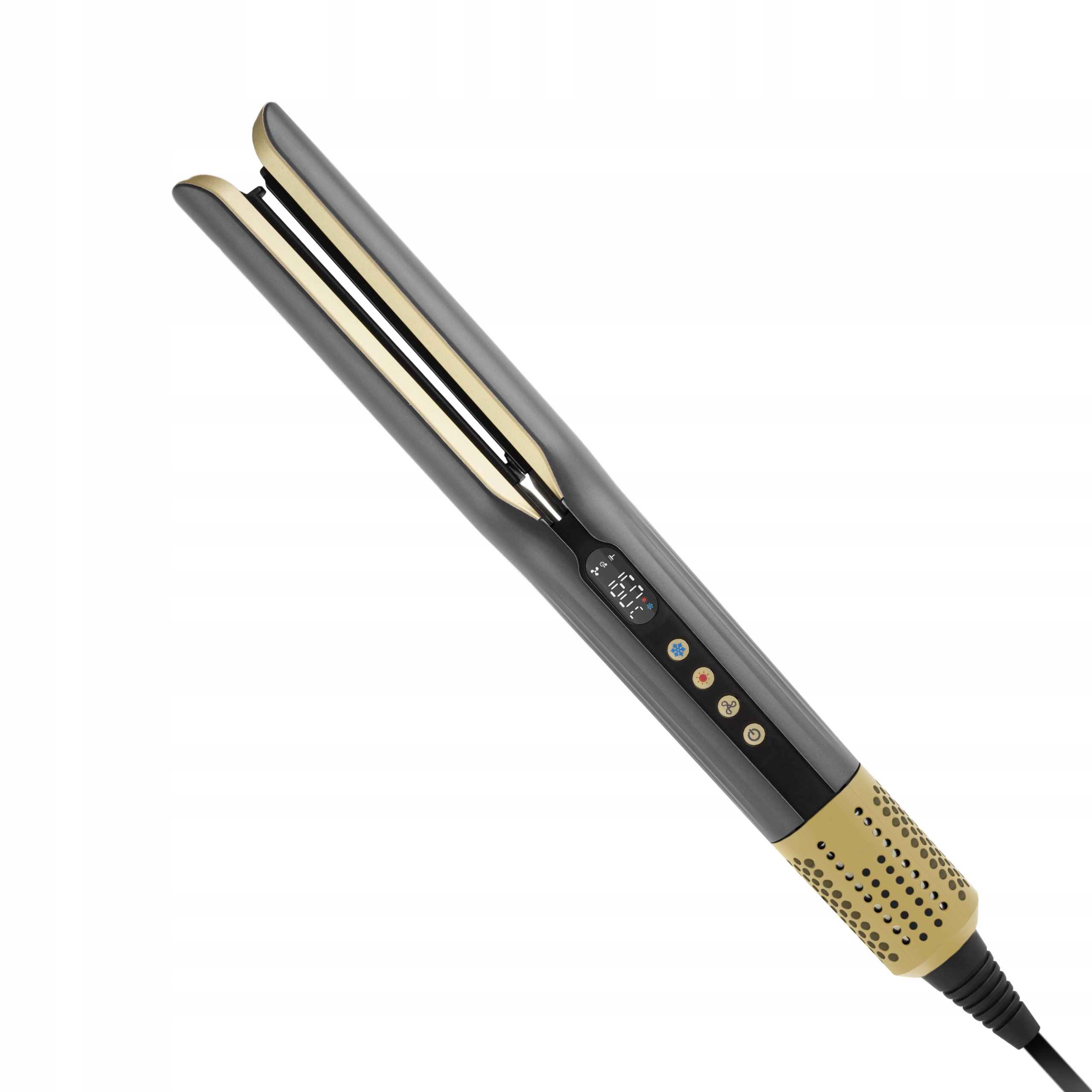Szara i złota prostownica do włosów na białym tle. Ma cyfrowy wyświetlacz i przyciski.