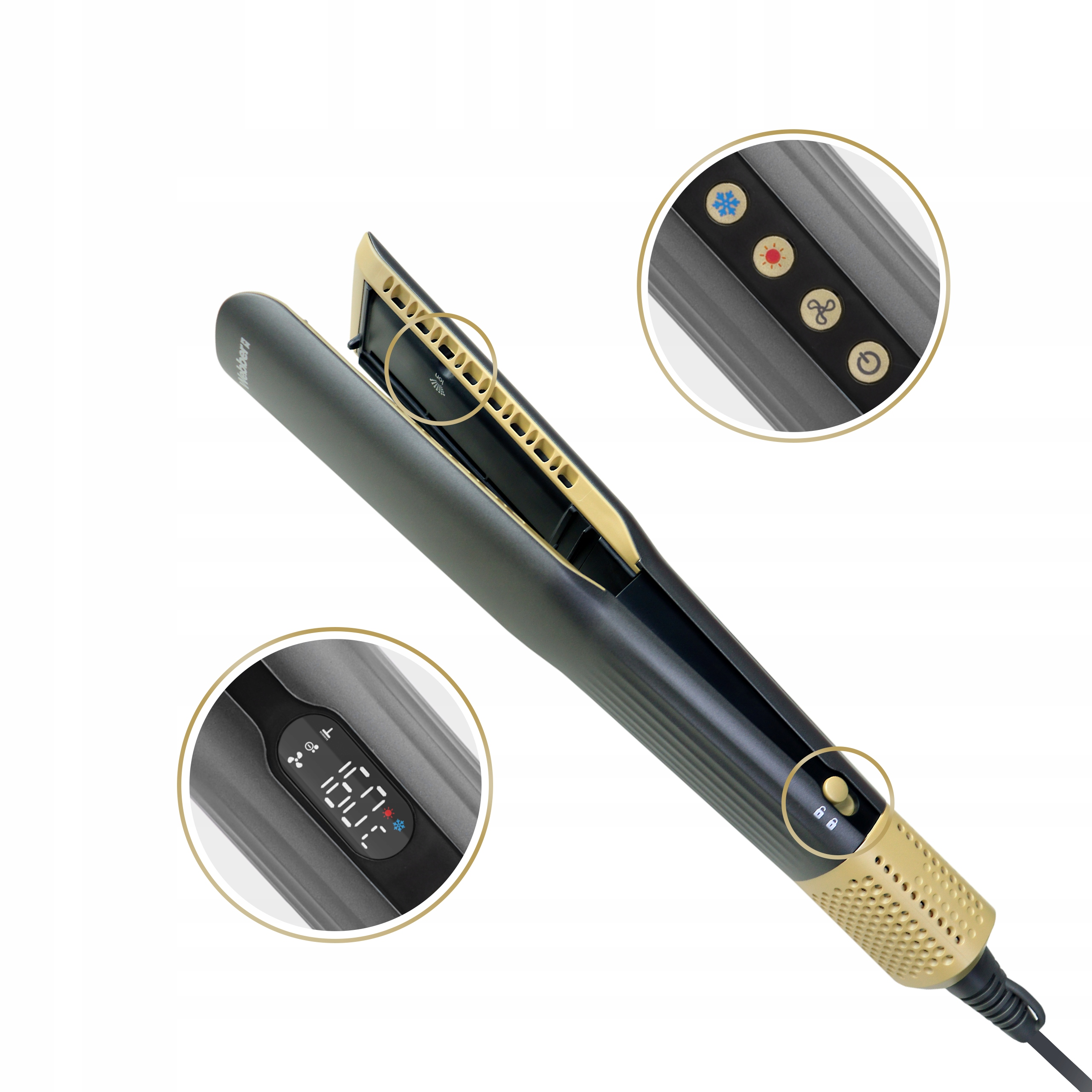 Szaro-złota prostownica do włosów z cyfrowym wyświetlaczem temperatury. Widoczne są również zbliżenia przycisków i detali.