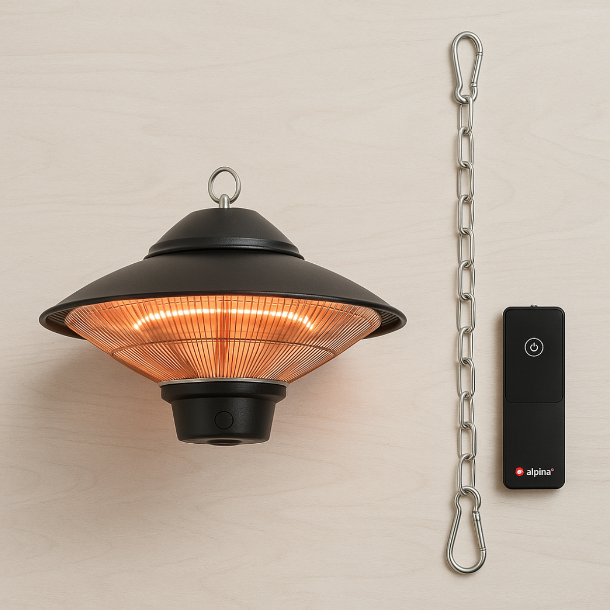 Een zwarte hangende terrasverwarmer met een brandend verwarmingselement, ketting en afstandsbediening.