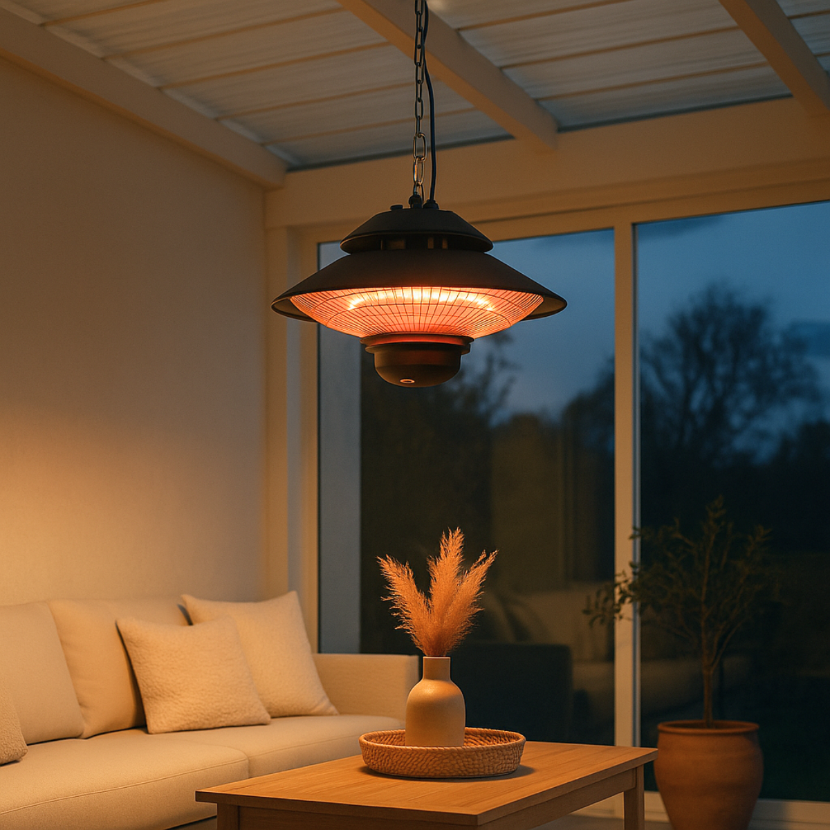 Een verlichte hangende kachel, een bank, een salontafel met vaas en plant, en een raam met bomen in het avondlicht.