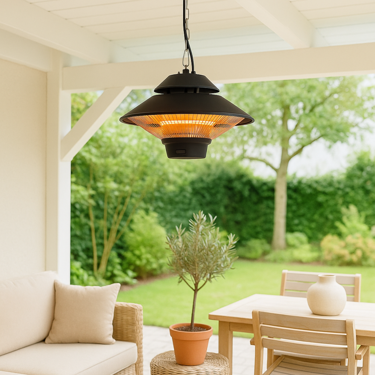Een zwarte buitenkachel hangt aan een veranda. Beige bank, tafel en planten op de voorgrond, groen gazon.