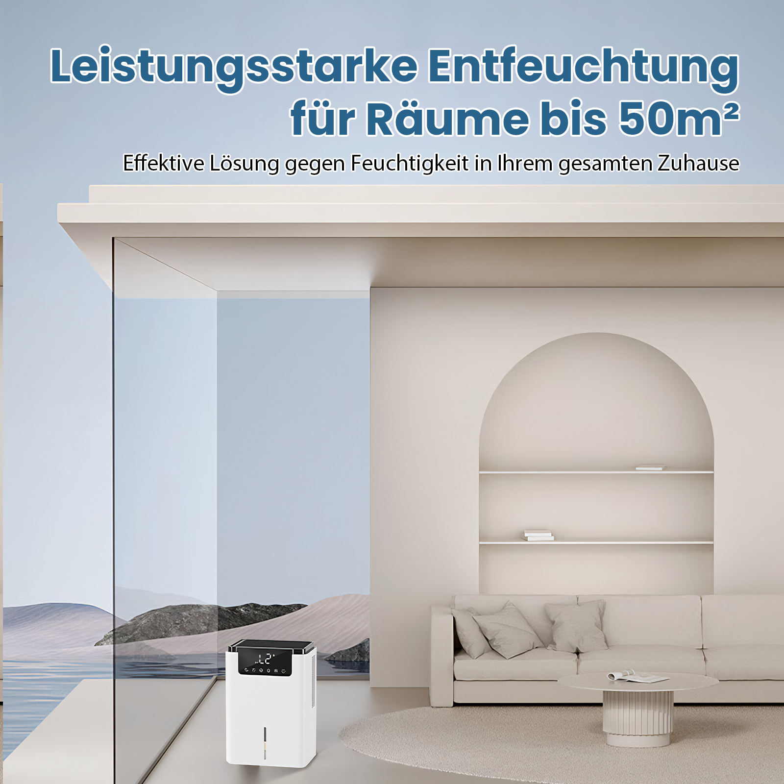 Ein weißer Luftentfeuchter in einem modernen Raum. Ein Sofa, ein Tisch und Regale sind ebenfalls vorhanden. Der Text lautet: Entfeuchtung für Räume bis 50m².