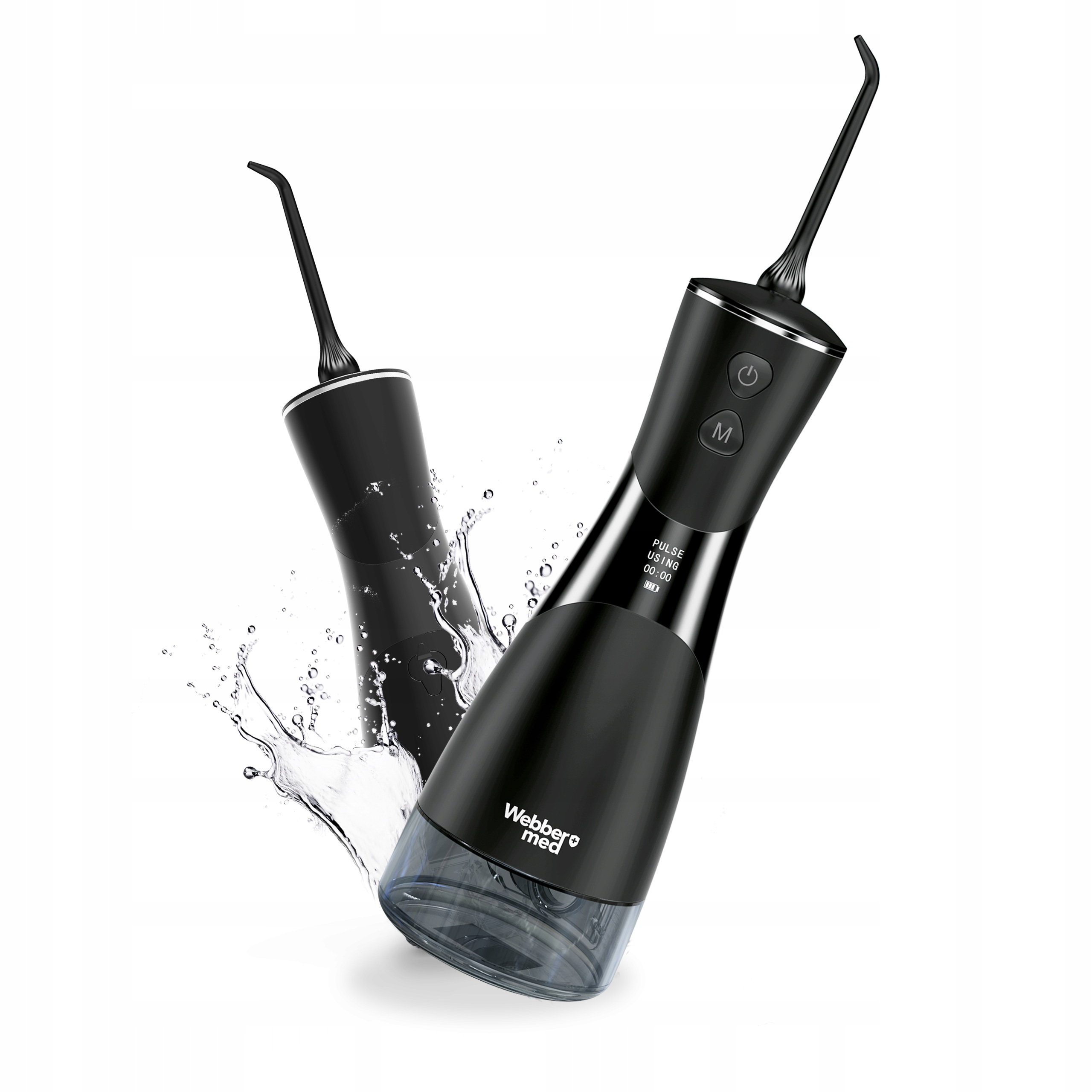 Dwa czarne irygatory do jamy ustnej Webber med z rozpryskami wody. Jeden ostry, drugi rozmyty.