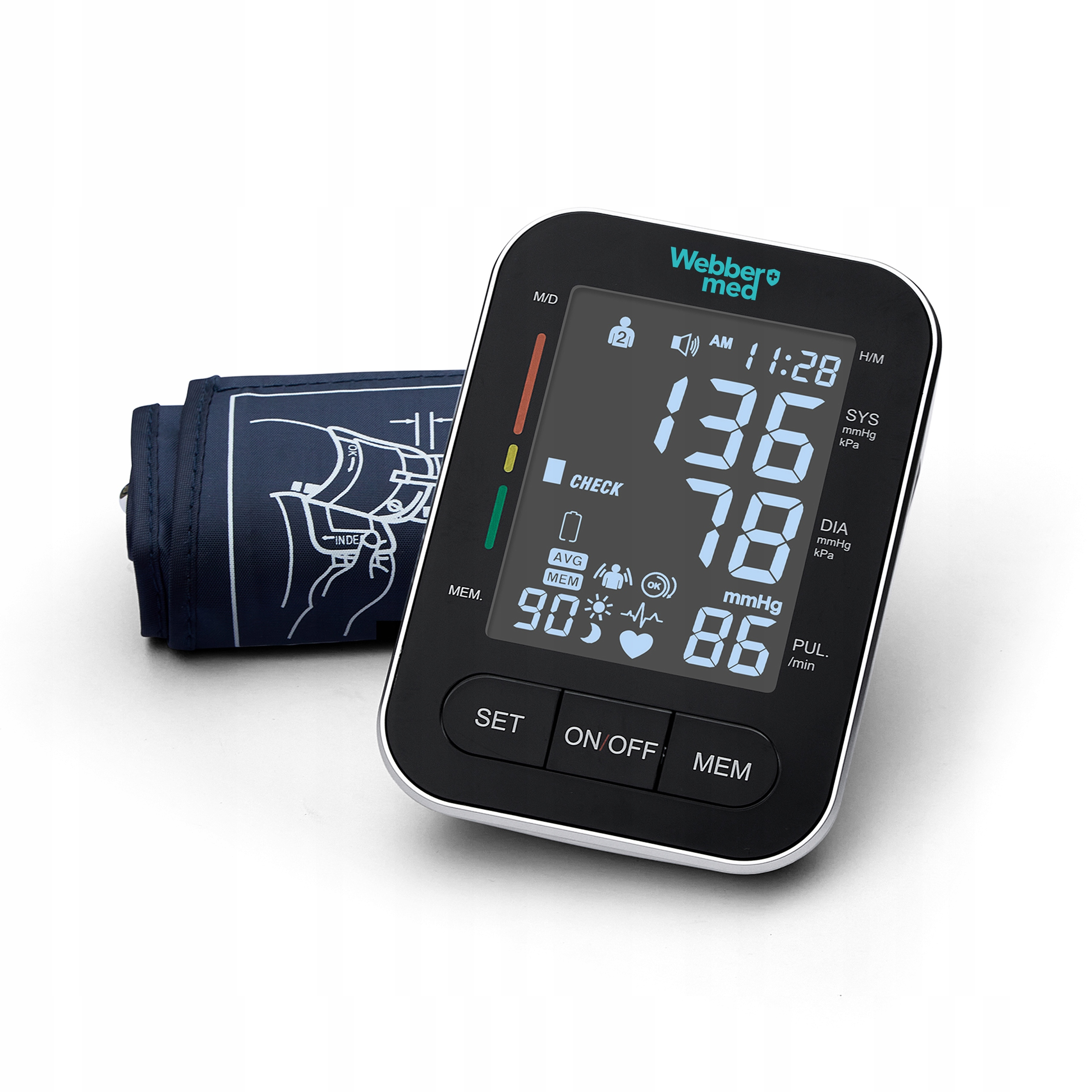 Cyfrowy monitor ciśnienia krwi z mankietem. Wyświetlacz pokazuje odczyty i czas. Czarno-białe urządzenie z niebieskim mankietem.