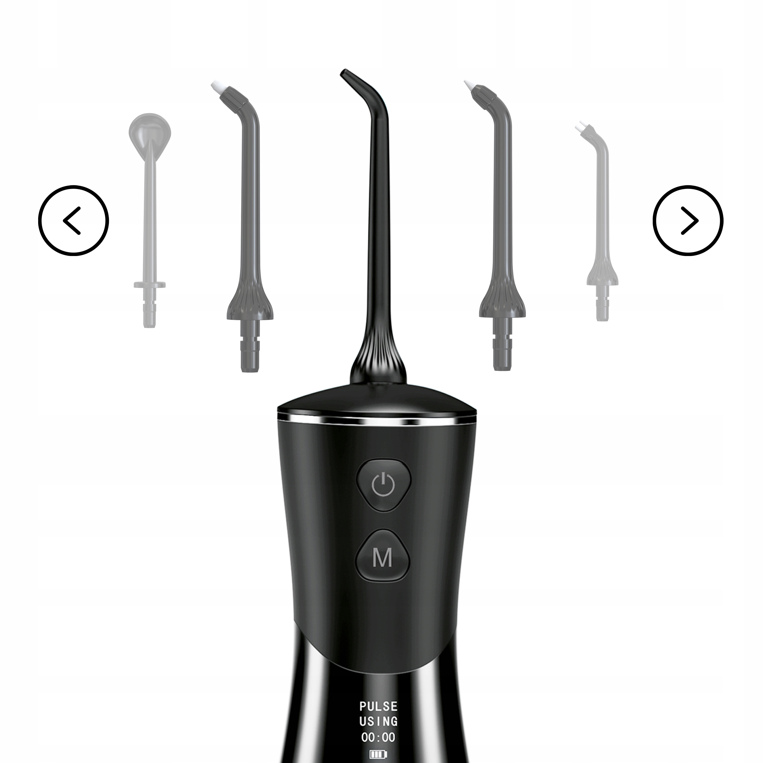 Czarny irygator z wieloma dyszami. Widoczne przyciski zasilania i trybu. Strzałki wskazują wybór dyszy.