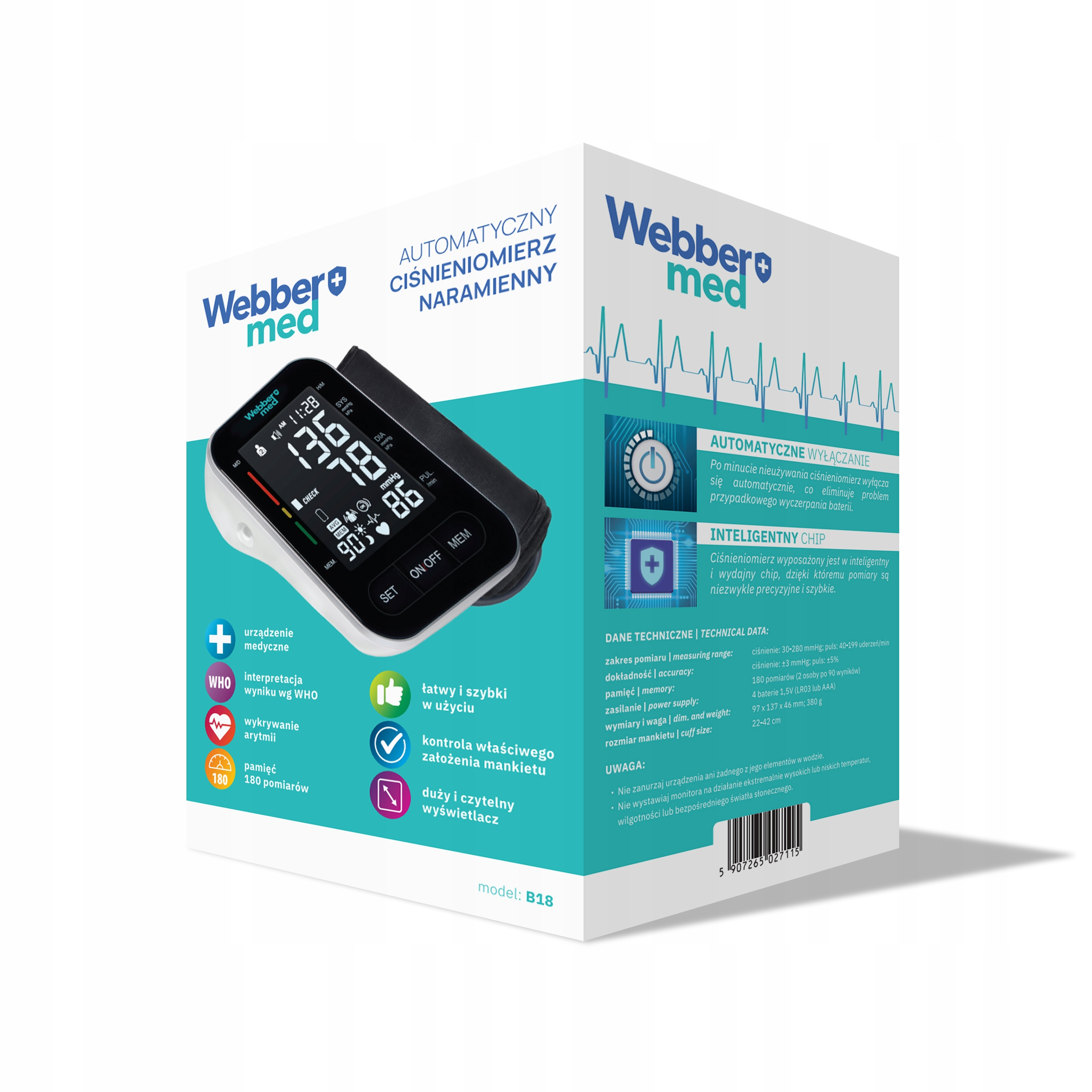 Pudełko z monitorem ciśnienia krwi. Monitor wyświetla liczby i ma przyciski. Tekst i ikony na pudełku.