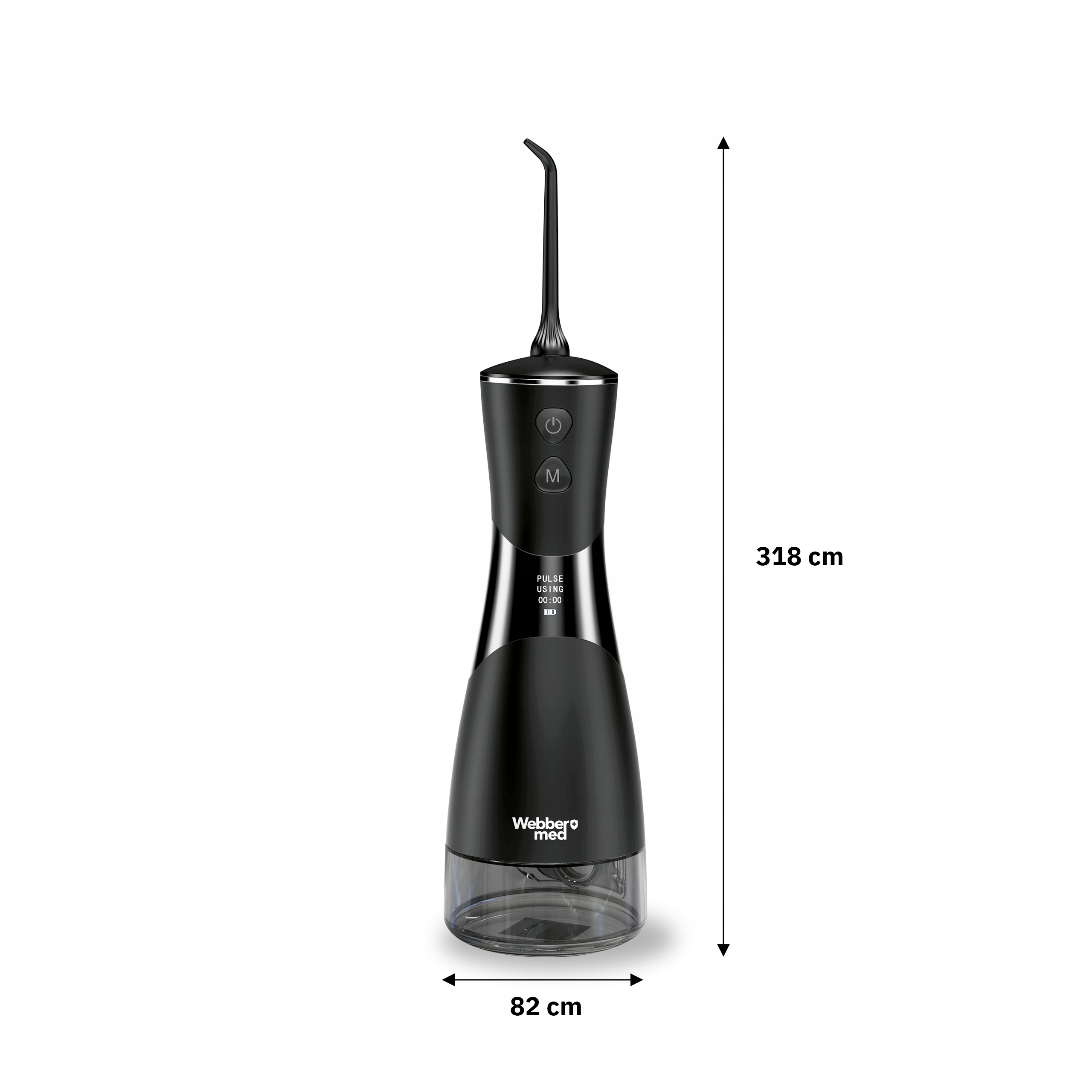 Czarny irygator z dyszą, przyciskami i przezroczystym zbiornikiem na wodę. Wymiary: 318 cm wysokości i 82 cm szerokości.