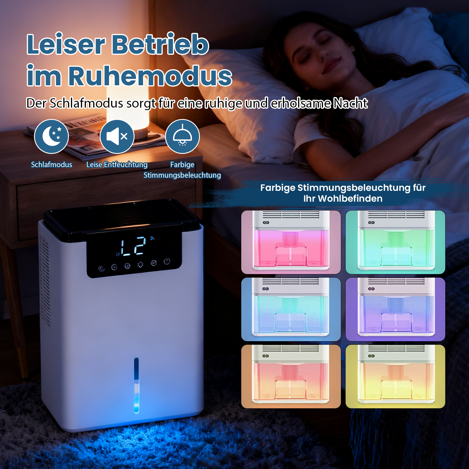 Eine Frau schläft im Bett. Ein weißer Luftbefeuchter mit bunten Lichtern steht auf dem Boden. Text zeigt Ruhemodus an.