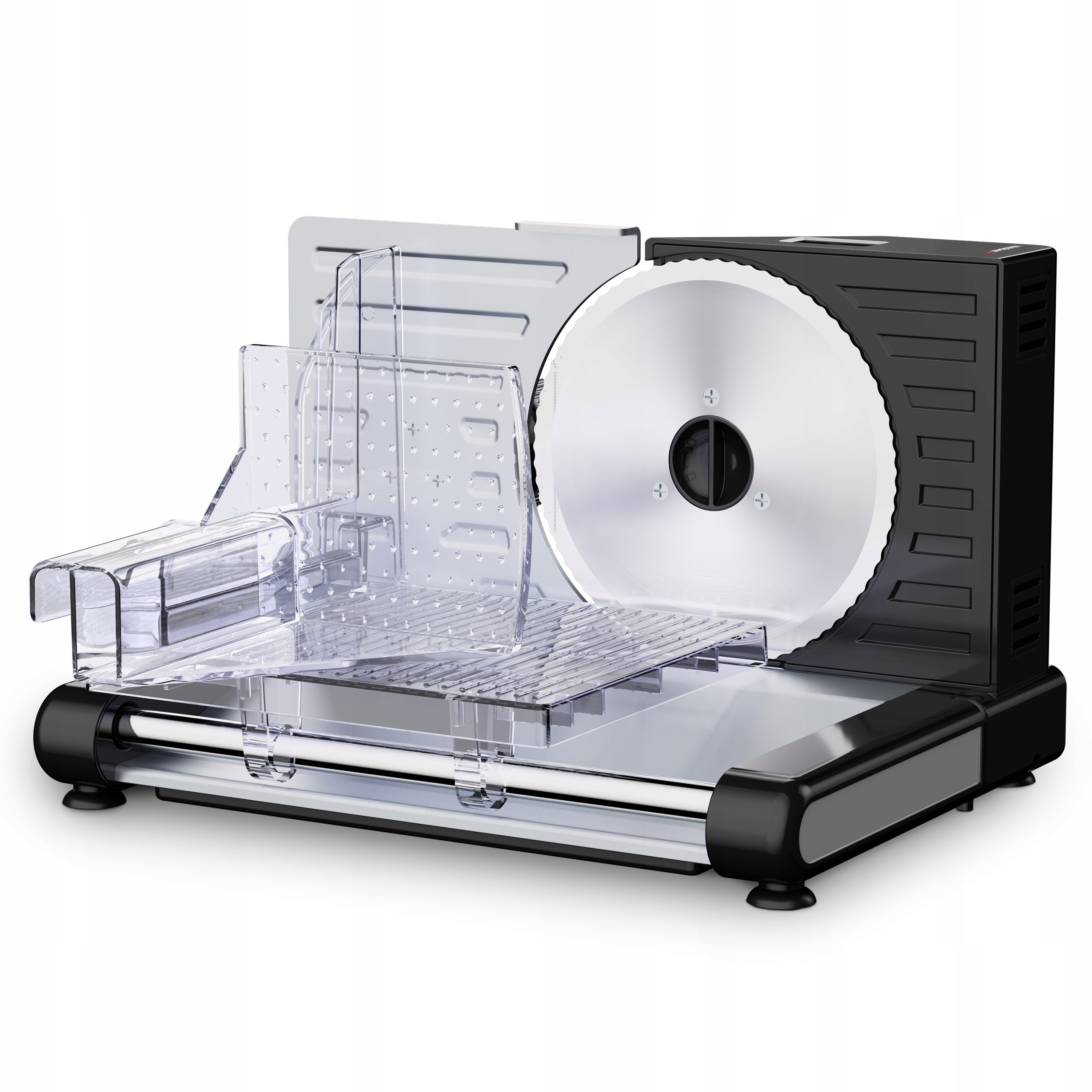 Krajalnica z dużym okrągłym ostrzem, przezroczystymi plastikowymi prowadnicami do żywności i czarno-srebrnym korpusem.