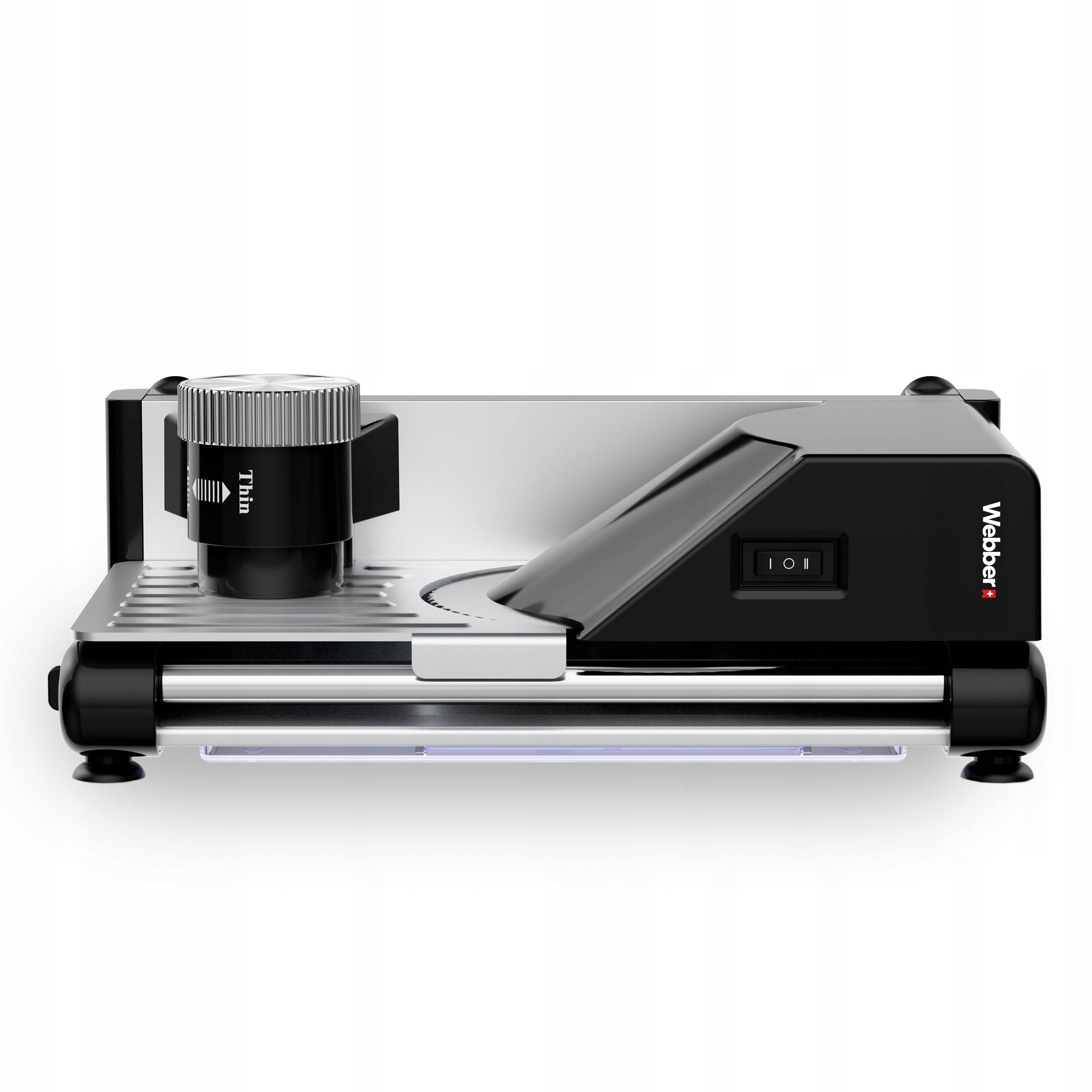 Czarno-srebrna krajalnica z ostrzem i pokrętłem. Marka to Webber+.