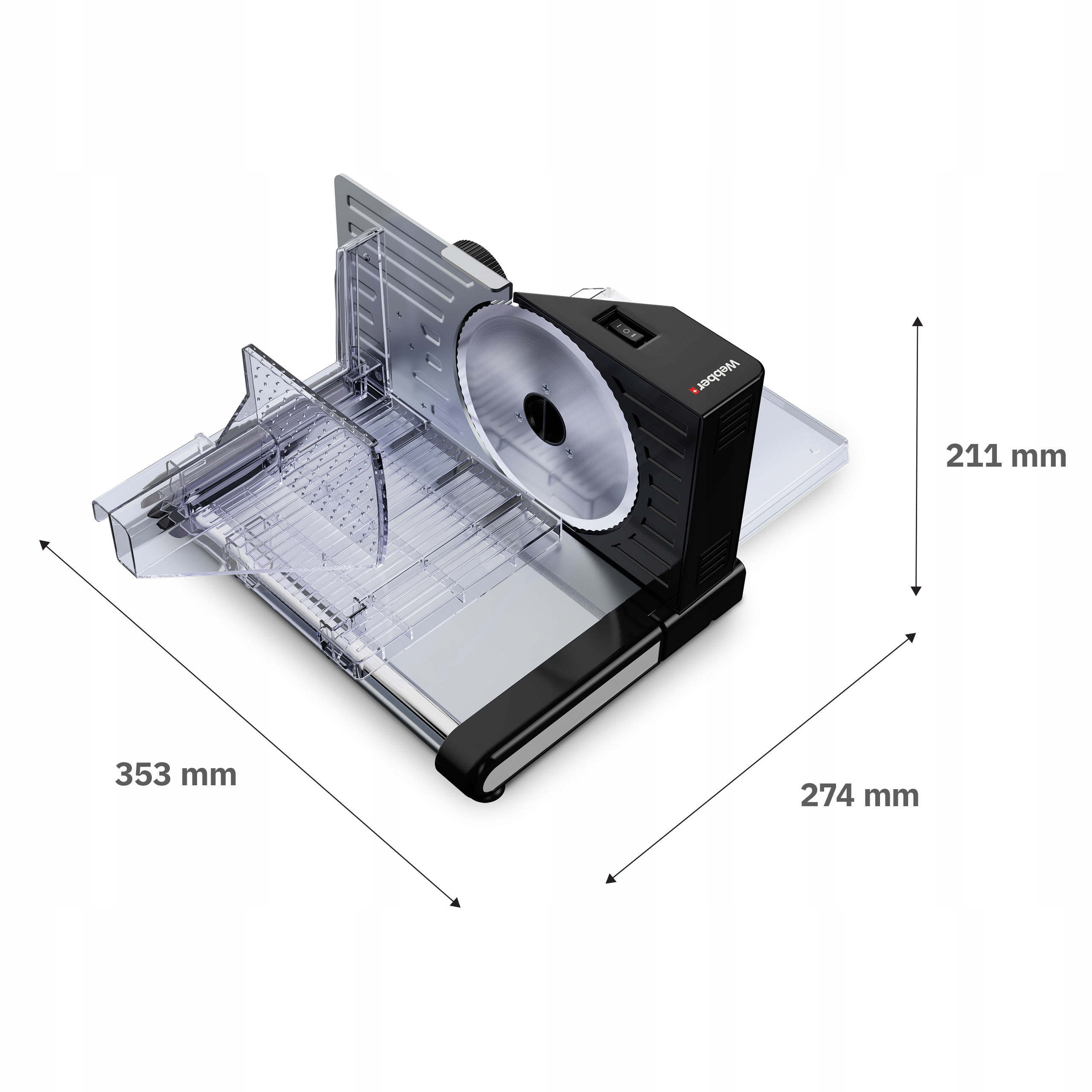 Czarno-srebrna krajalnica do mięsa, z dużym ostrzem, na białym tle. Wymiary są pokazane.