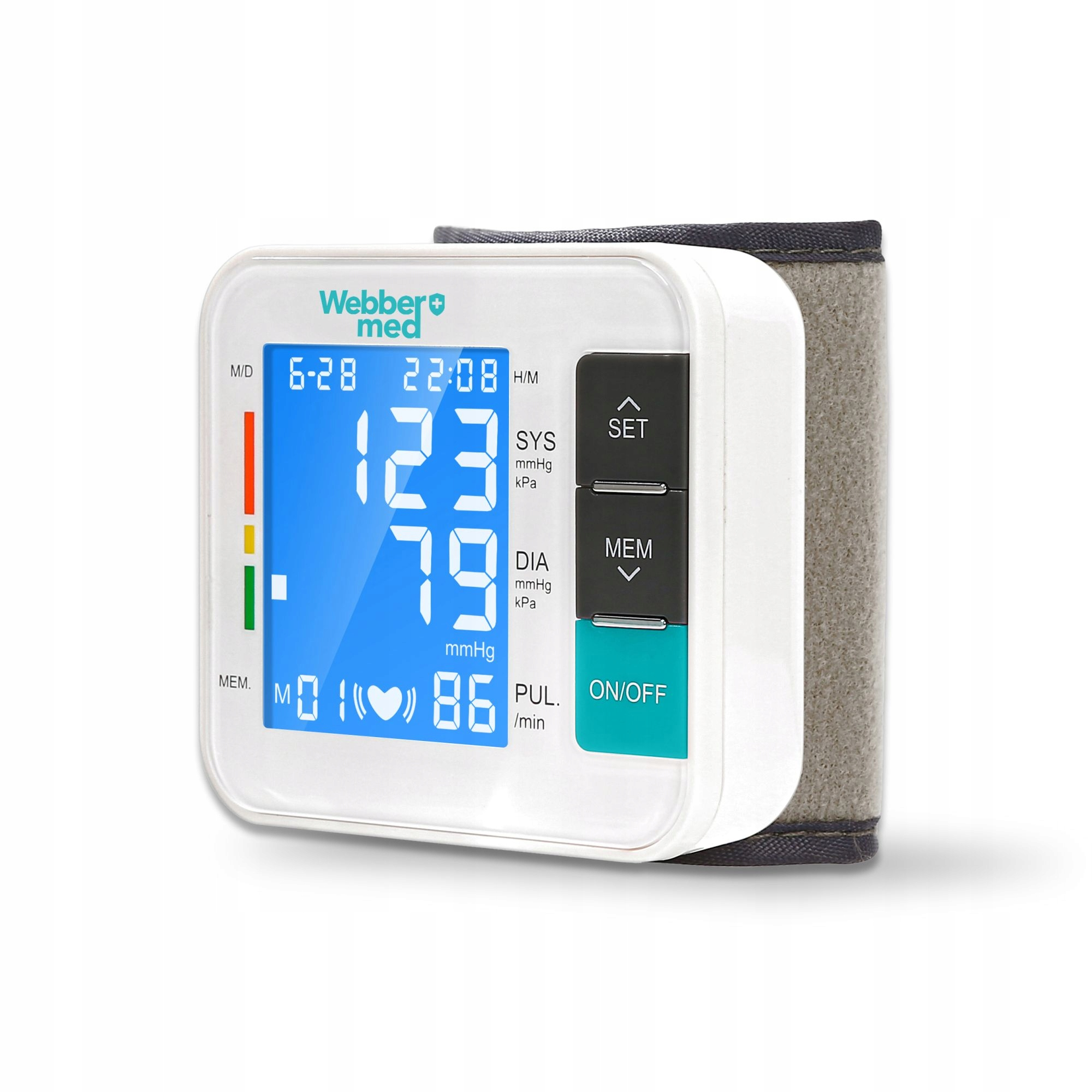 Ciśnieniomierz nadgarstkowy z cyfrowym wyświetlaczem. Pokazuje skurczowe 123, rozkurczowe 79, puls 86. Zawiera datę i godzinę.