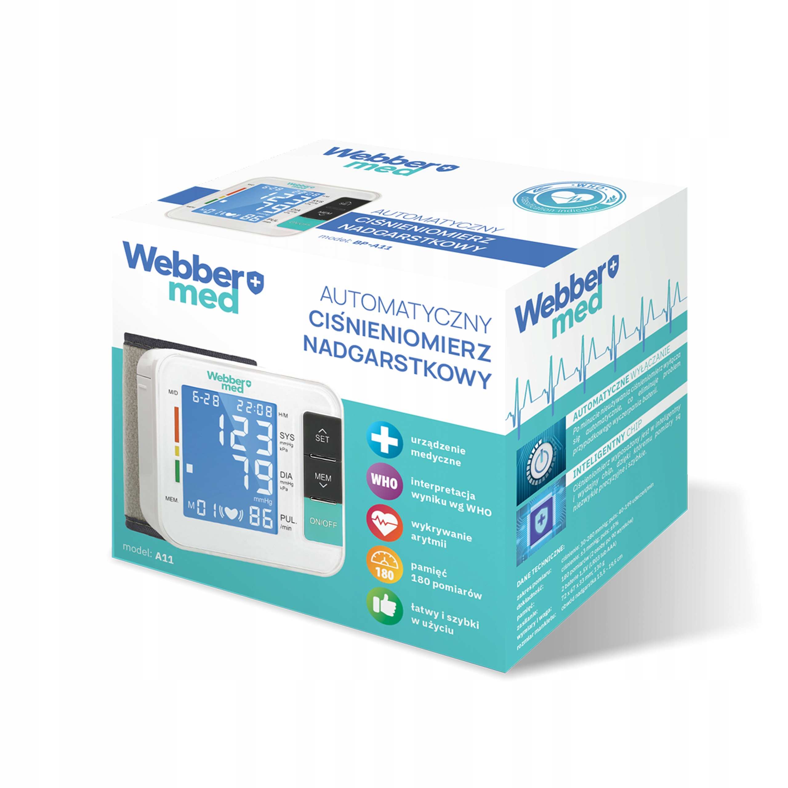 Pudełko z monitorem ciśnienia krwi ze szczegółami produktu i ekranem wyświetlającym odczyty. Marka to Webbero med.