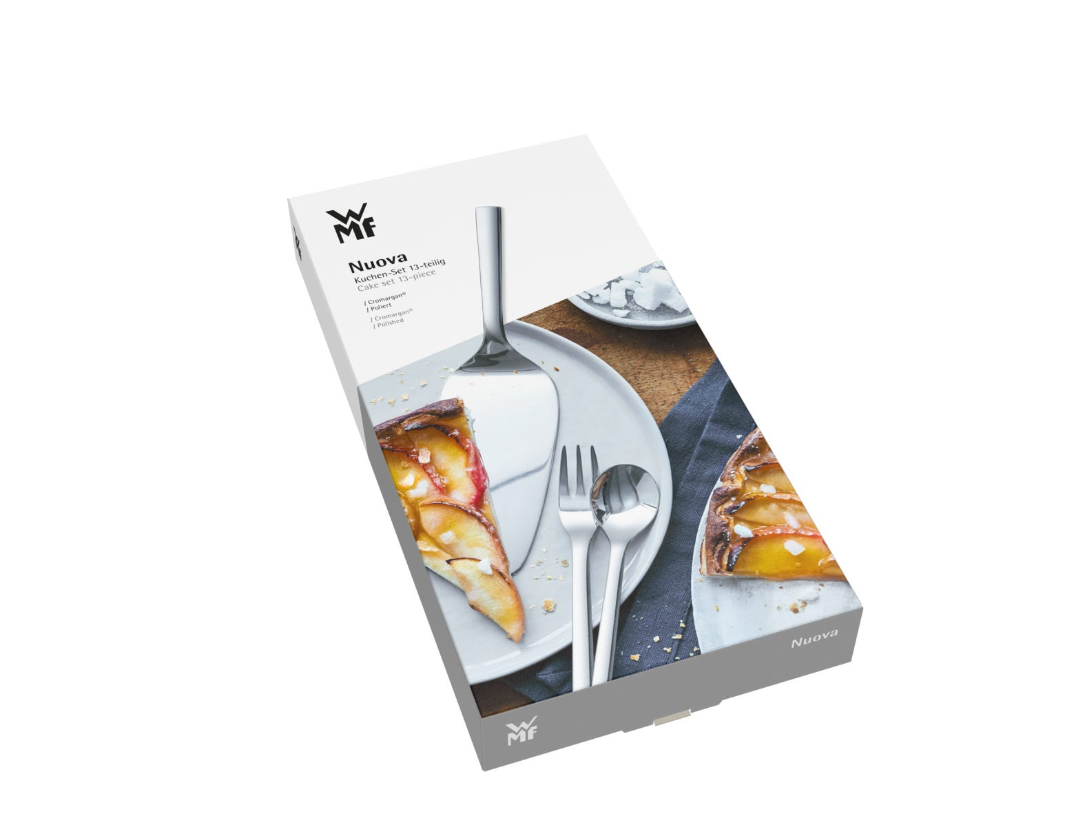 Une boîte avec un service à gâteau, comprenant une part de gâteau, des ustensiles et une assiette. La boîte a la marque.