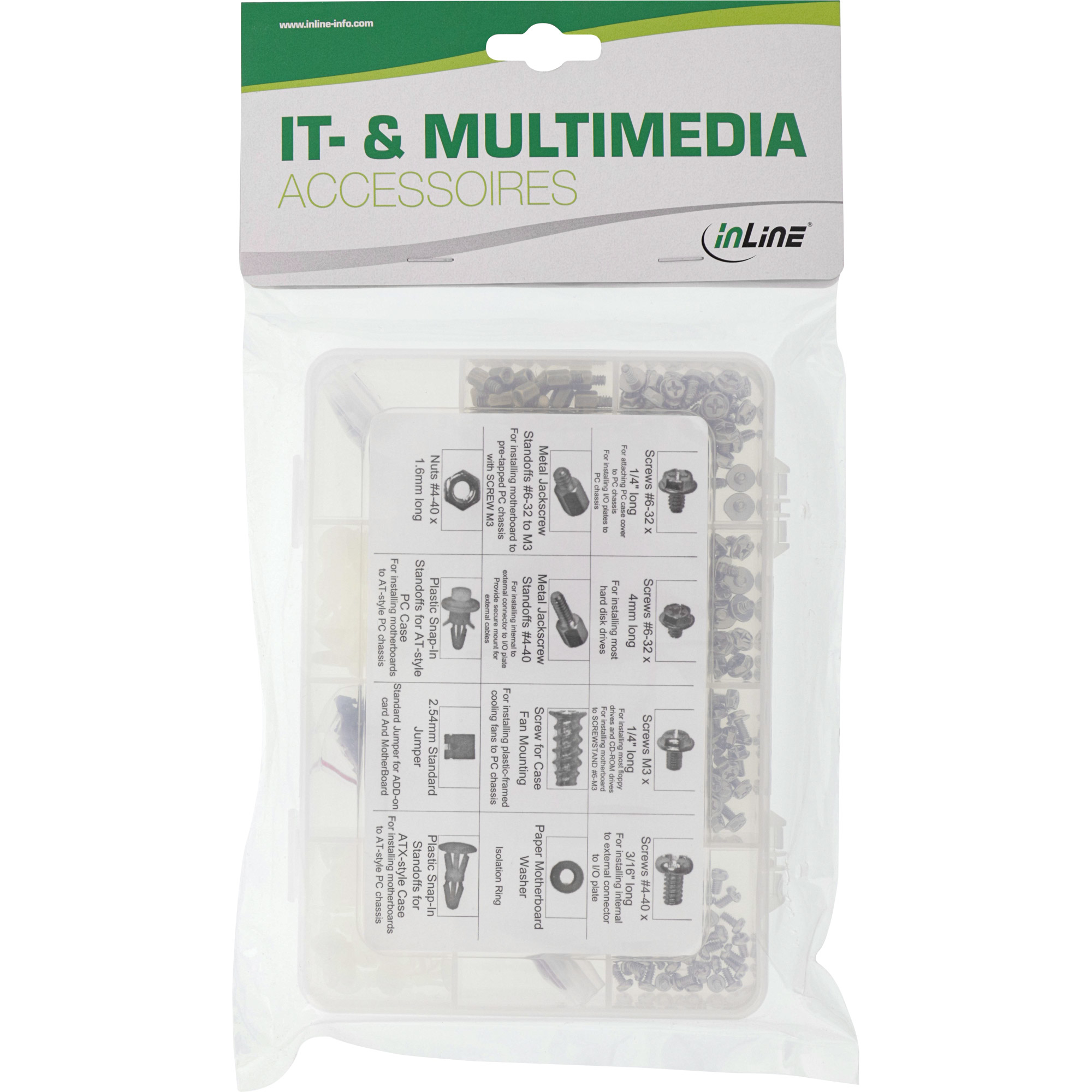 Eine transparente Kunststoffverpackung mit verschiedenen Schrauben und Abstandshaltern für IT- und Multimedia-Zubehör.