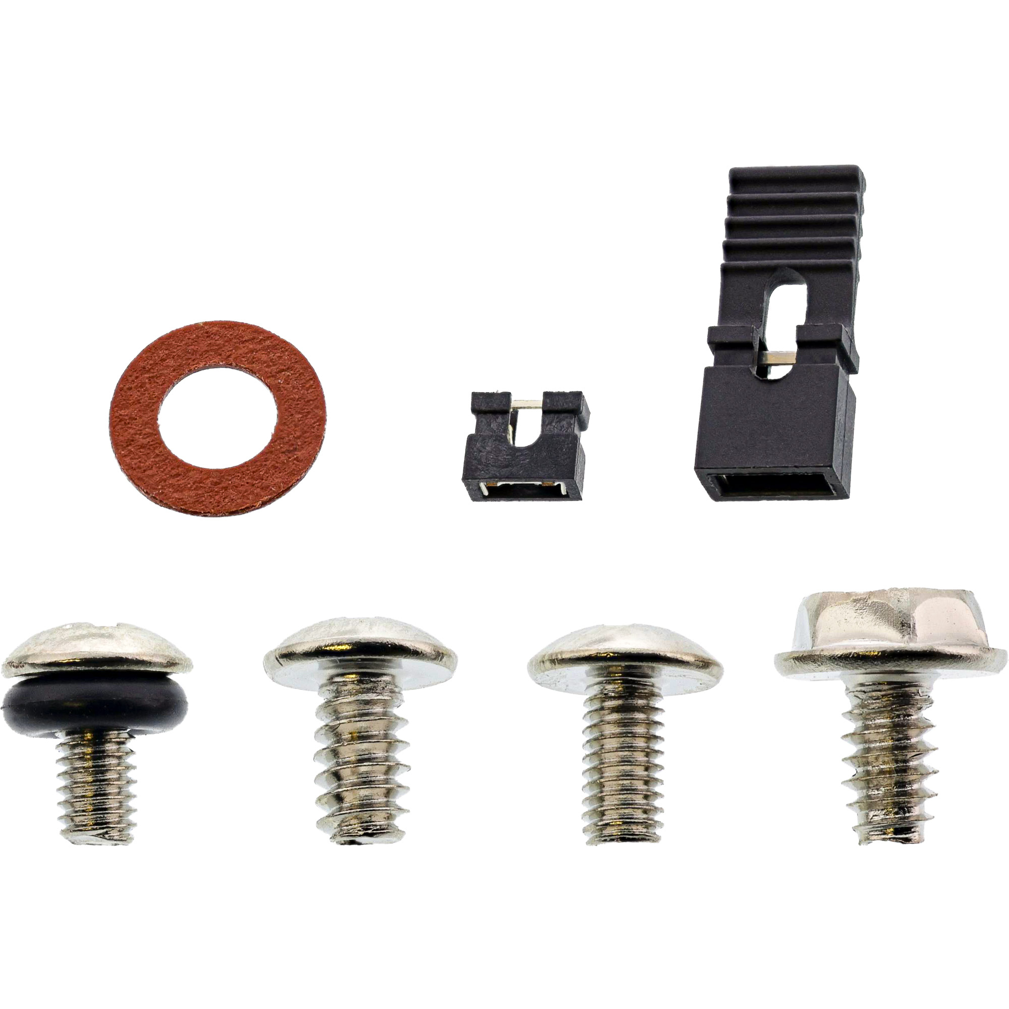 Das Bild zeigt Hardwarekomponenten: einen braunen Ring, zwei schwarze Stecker und vier Schrauben mit Metallköpfen.