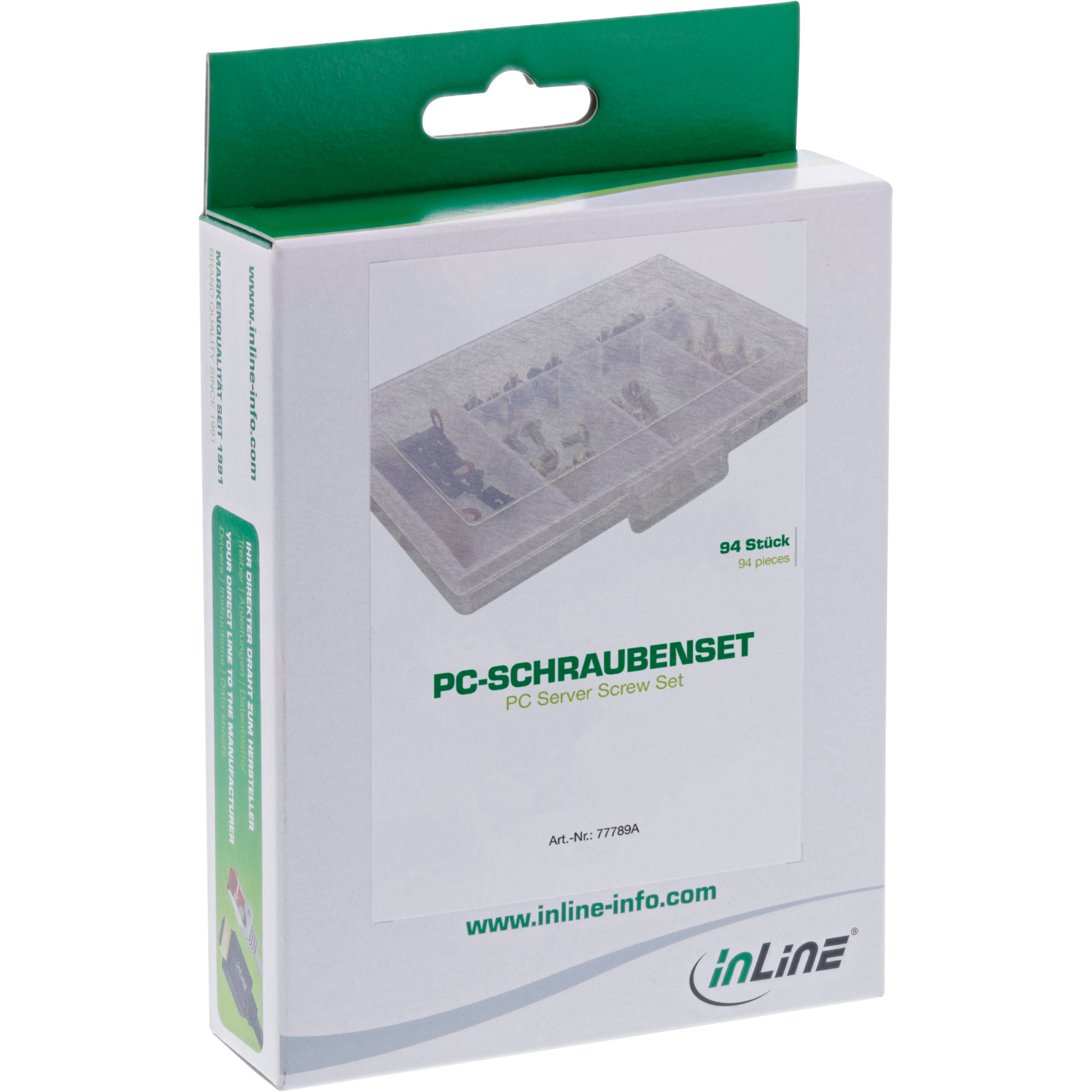 Eine weiße Box mit grünem Deckel enthält ein Schraubenset für PC-Server. Text enthält Marke und Website.