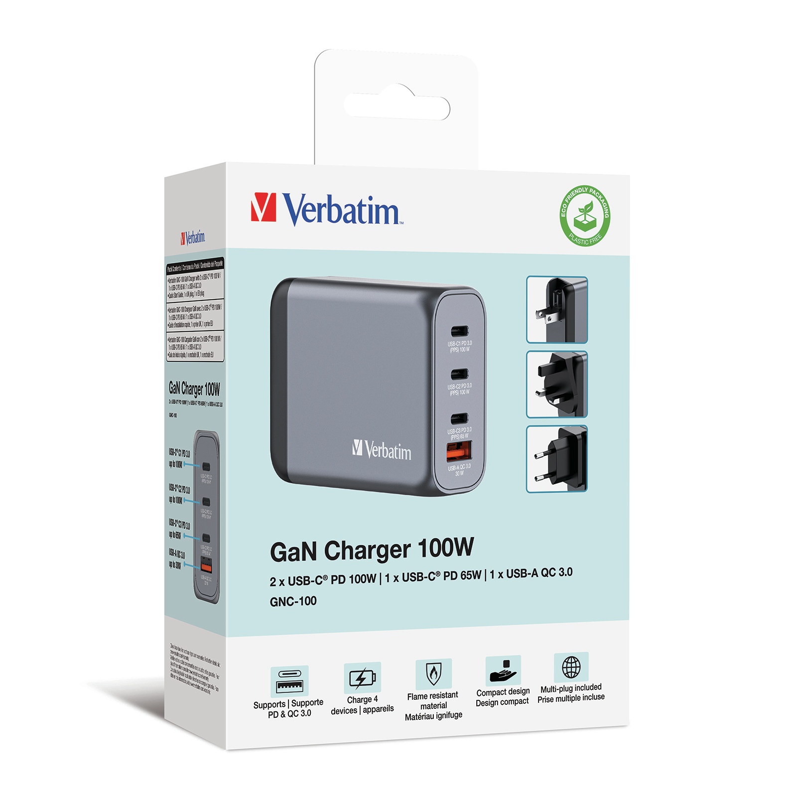 Eine Verbatim GaN 100W Ladegerätbox. Sie hat ein graues Ladegerät, drei Steckeradapter und Funktionssymbole.