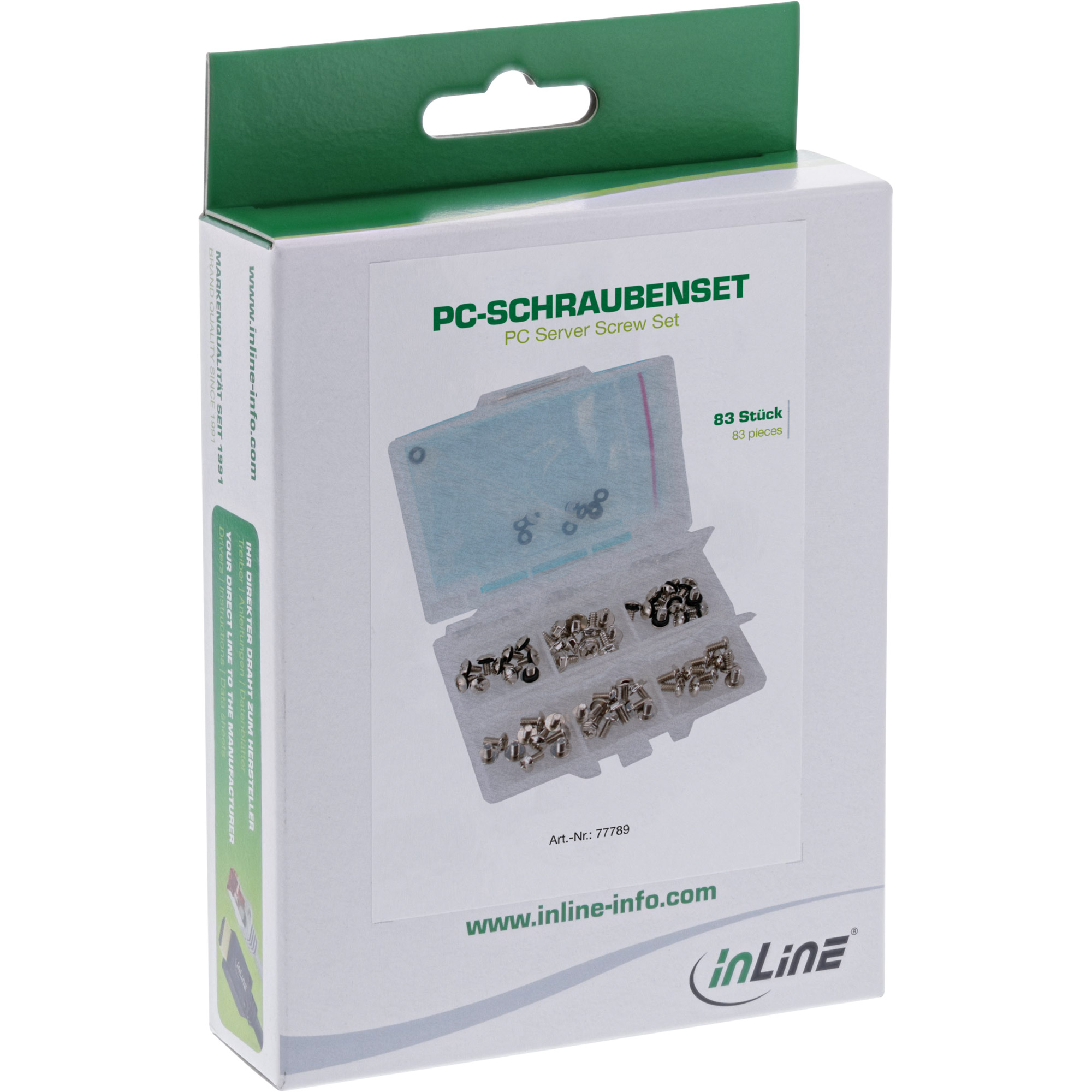 Eine weiße Box mit grünem Deckel. Enthält ein PC-Schraubensatz mit 83 Teilen. Die Marke ist inline.