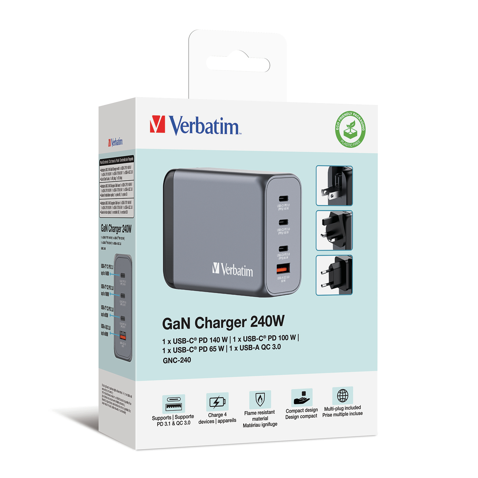Verbatim GaN-Ladegerät 240W in der Box. Es verfügt über mehrere USB-C- und USB-A-Anschlüsse und verschiedene Adapter.