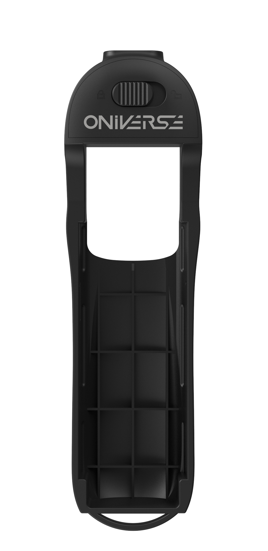 Dispositivo de plástico negro con una abertura rectangular. La parte superior tiene la marca ONIVERSE y un control deslizante.