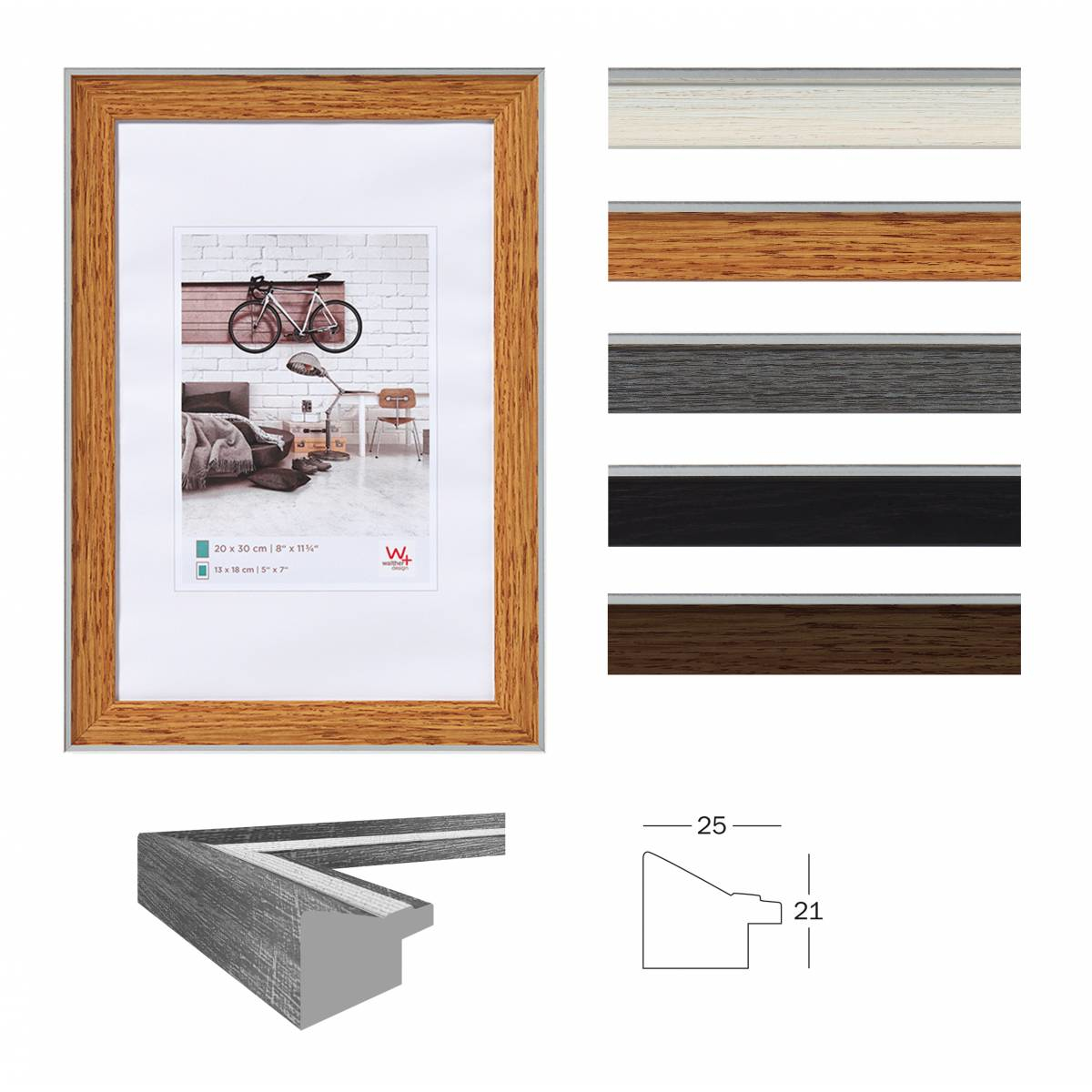 Oprawione zdjęcie pokoju z rowerem na ścianie. Pokazano różne próbki ram. Schemat wymiarów ram.