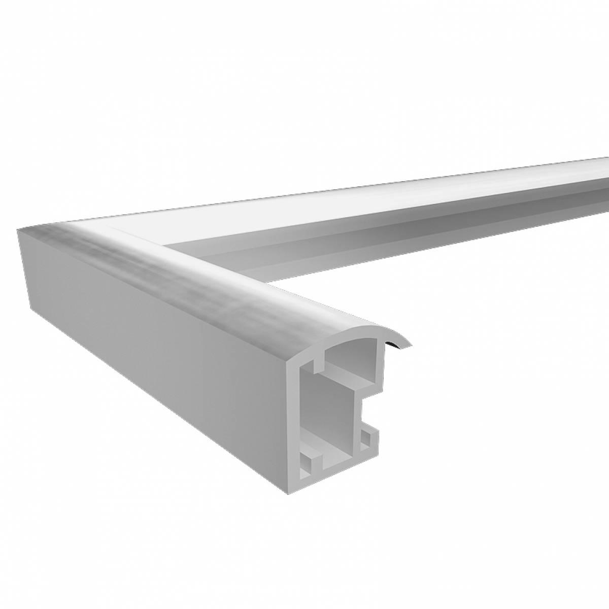 Biała ramka ze zaokrągloną krawędzią w rogu, skierowana w stronę widza, na białym tle.