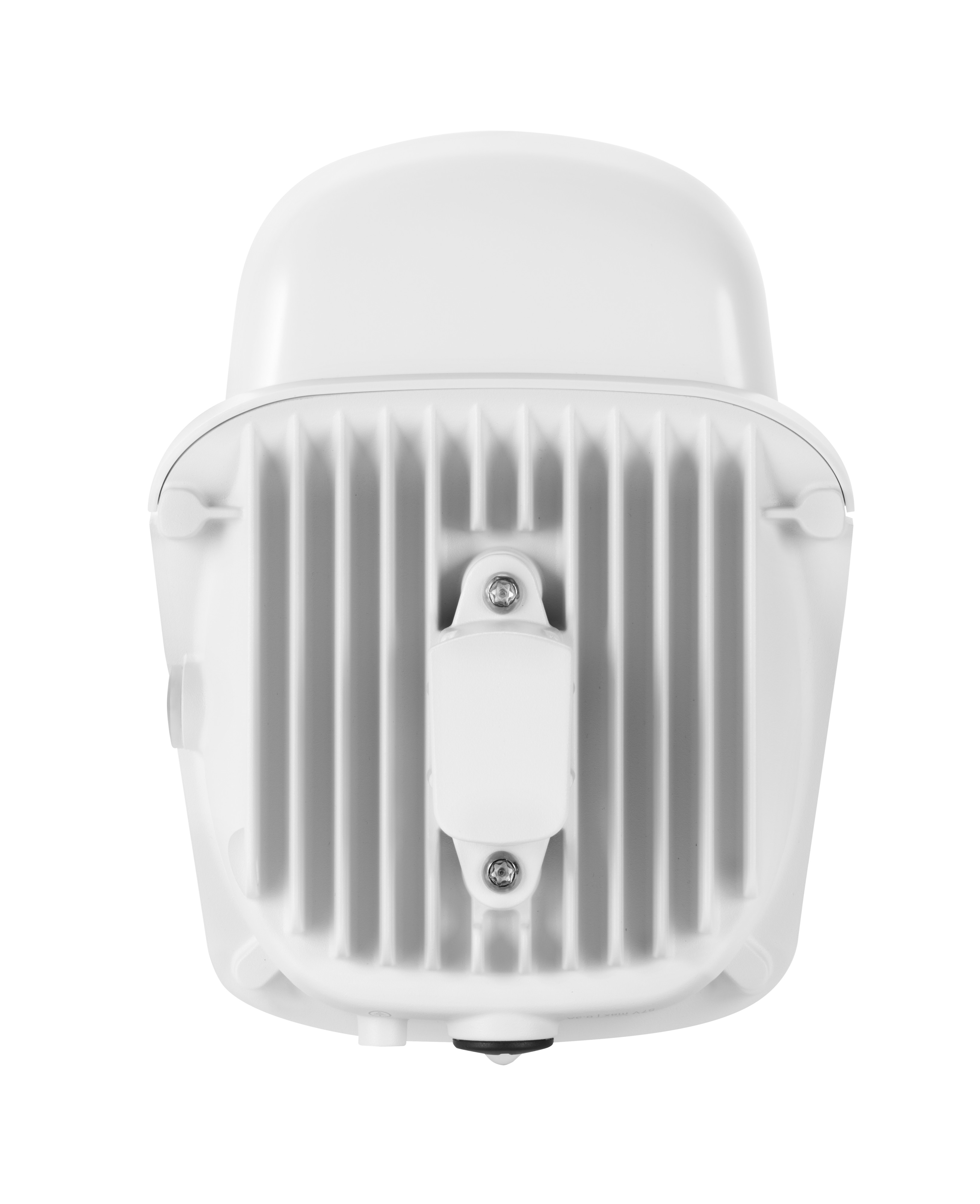 Białe urządzenie, widok od dołu, z żebrowanym tyłem i zakrzywionym wierzchem. Widoczne śruby.