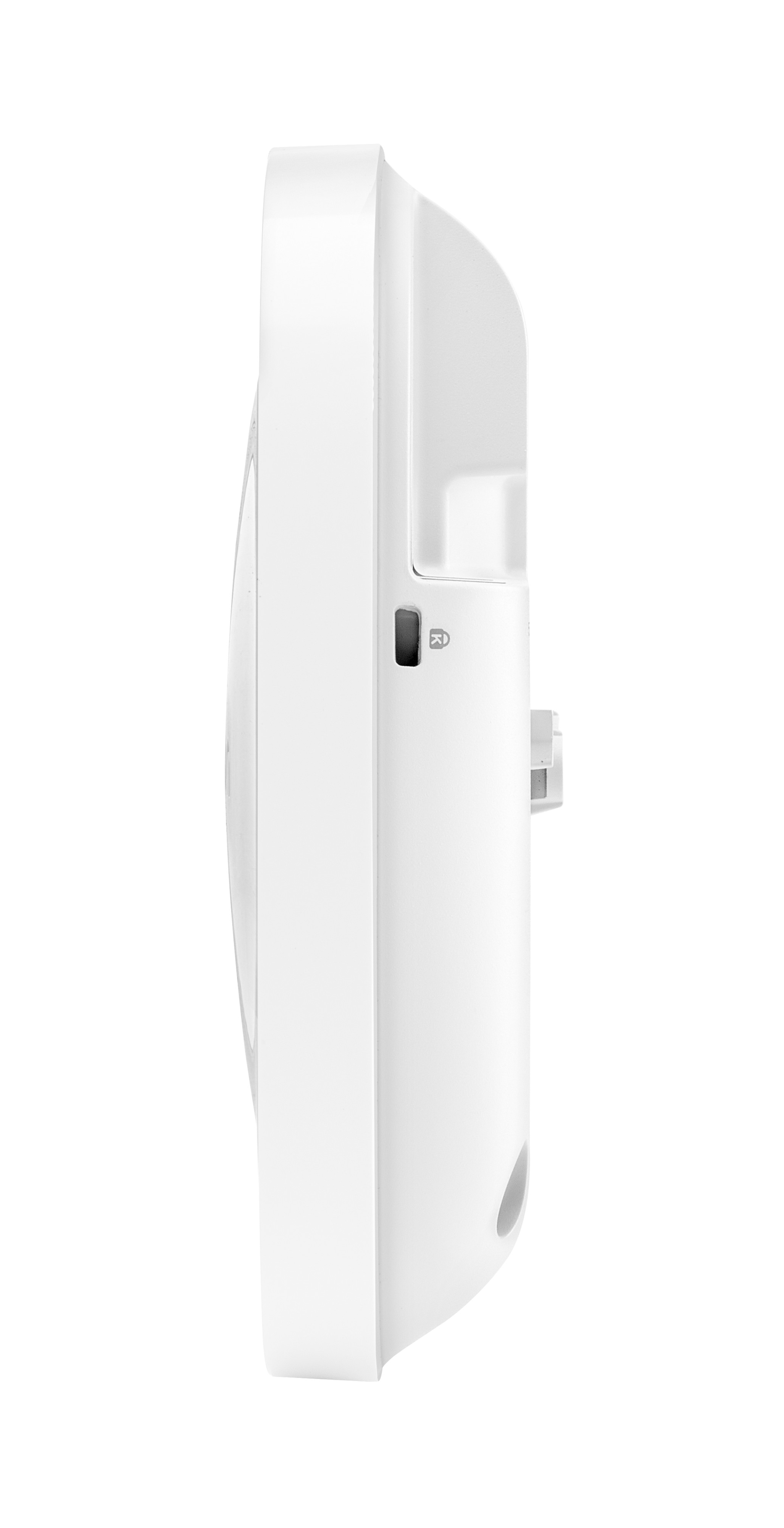 Białe, zaokrąglone urządzenie elektroniczne, prawdopodobnie termostat, na białym tle. Ma przycisk i mały otwór.