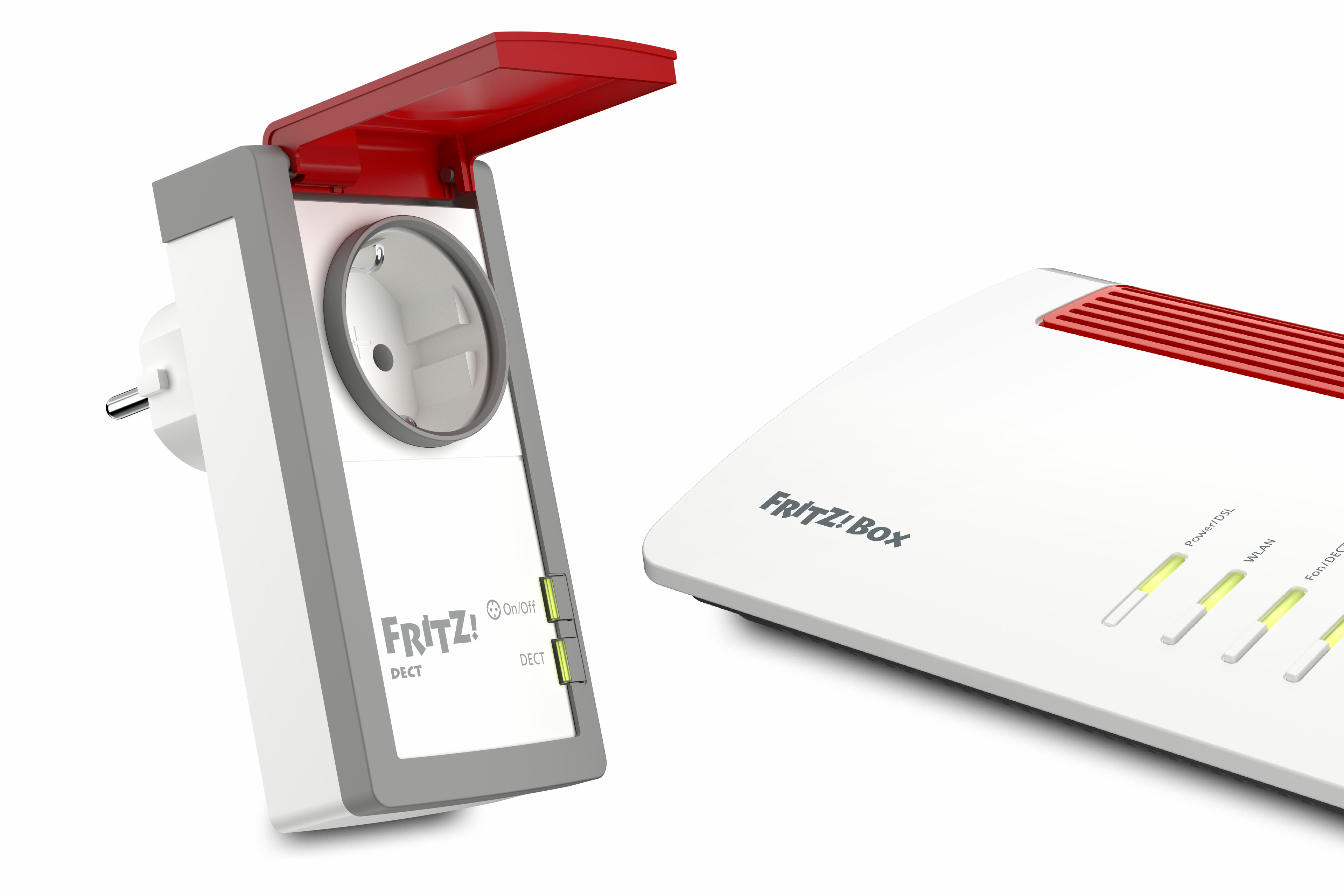 Un adaptador de corriente Fritz! blanco y rojo con un enrutador. El adaptador está a la izquierda y el enrutador a la derecha.