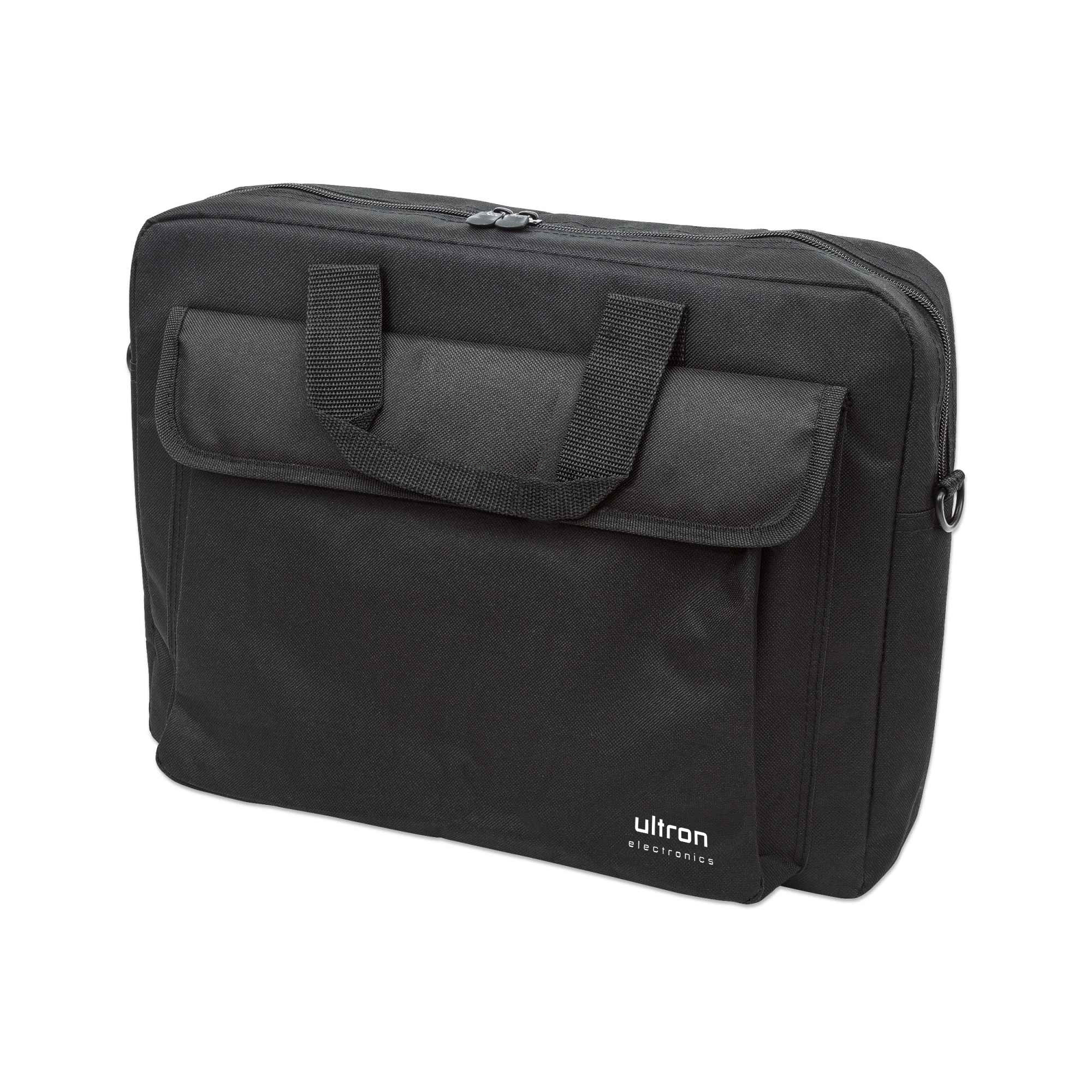 È mostrata una borsa per laptop Ultron nera, con manico, tasca frontale, cerniera e il nome del marchio.