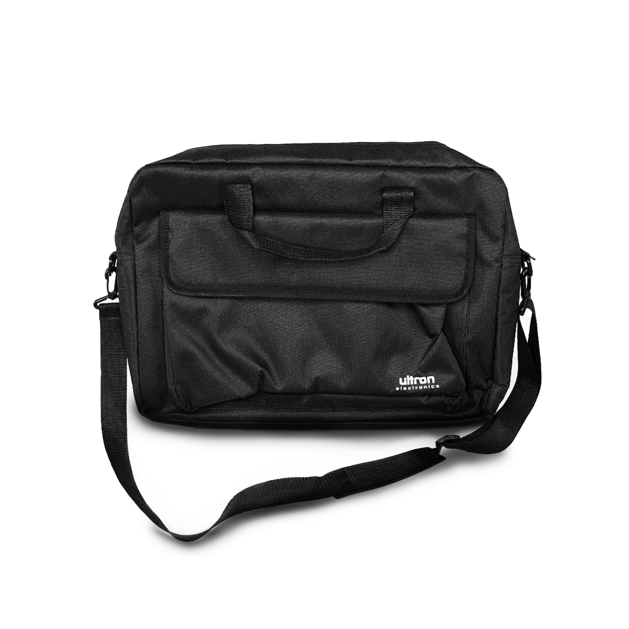 Borsa messenger nera Ultron electronics con tracolla, manici e tasca frontale, isolata su sfondo bianco.