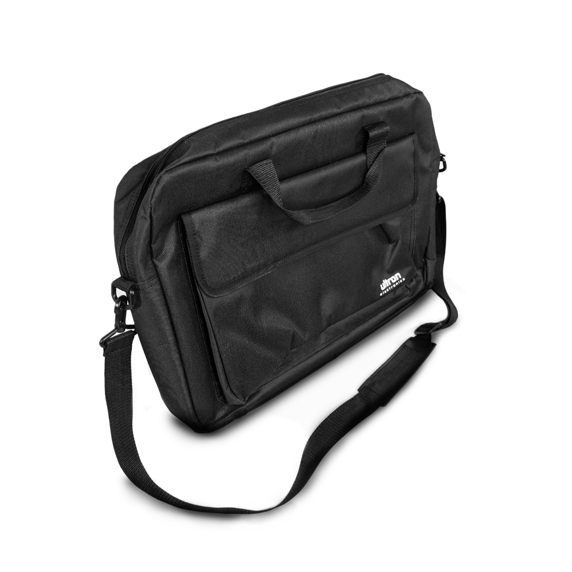 Borsa per laptop Ultron nera con tracolla, manico e tasca frontale. Isolato su sfondo bianco.