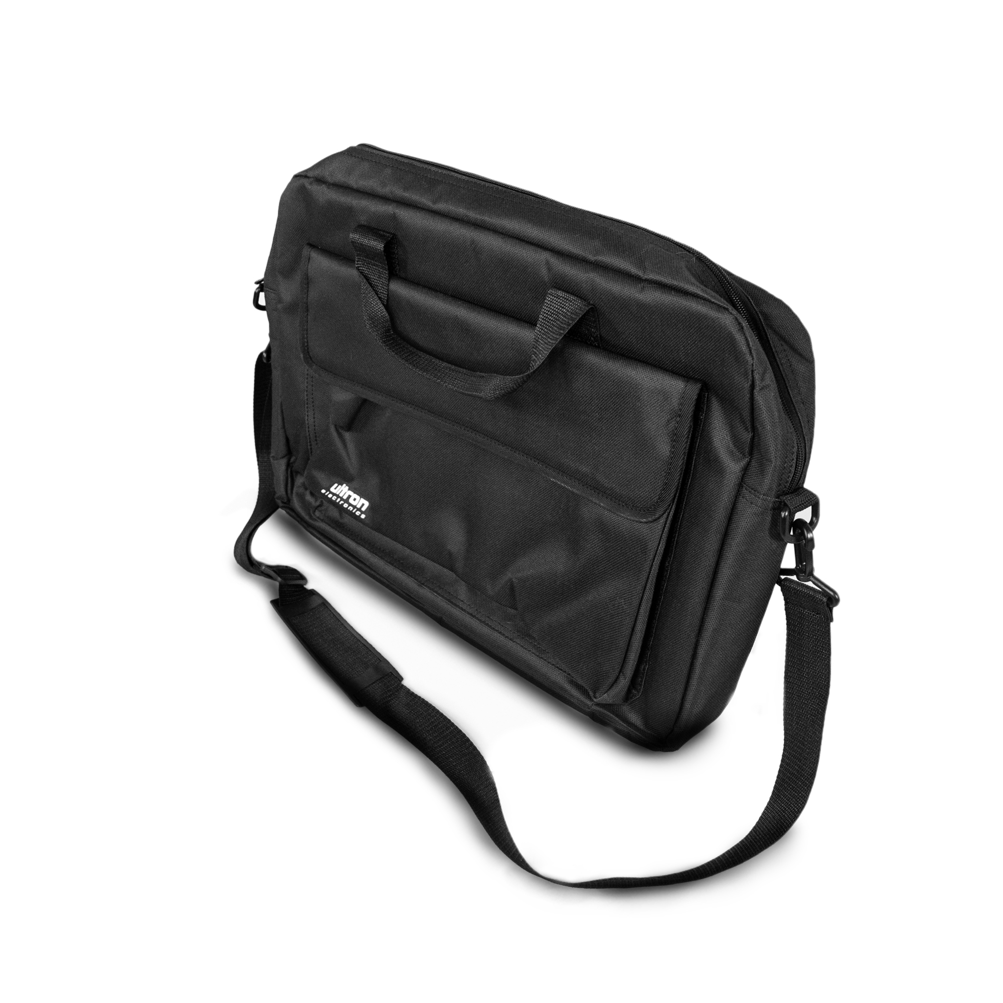 Borsa per laptop nera Ultron Electronics con tracolla, su sfondo bianco.