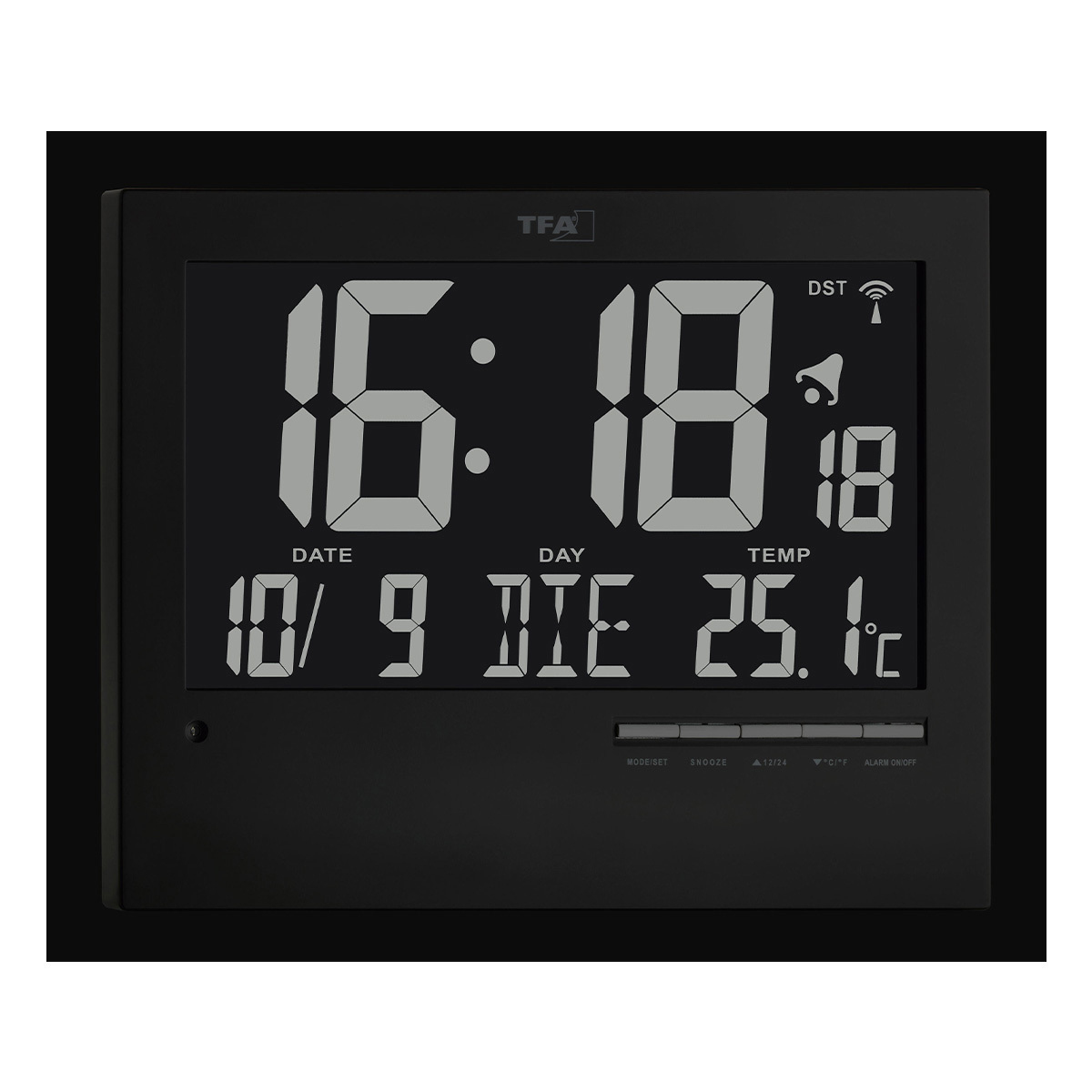 Orologio digitale nero: 16:18, data 10/9, temperatura 25.1°C. Tasti per modalità, snooze e allarme.
