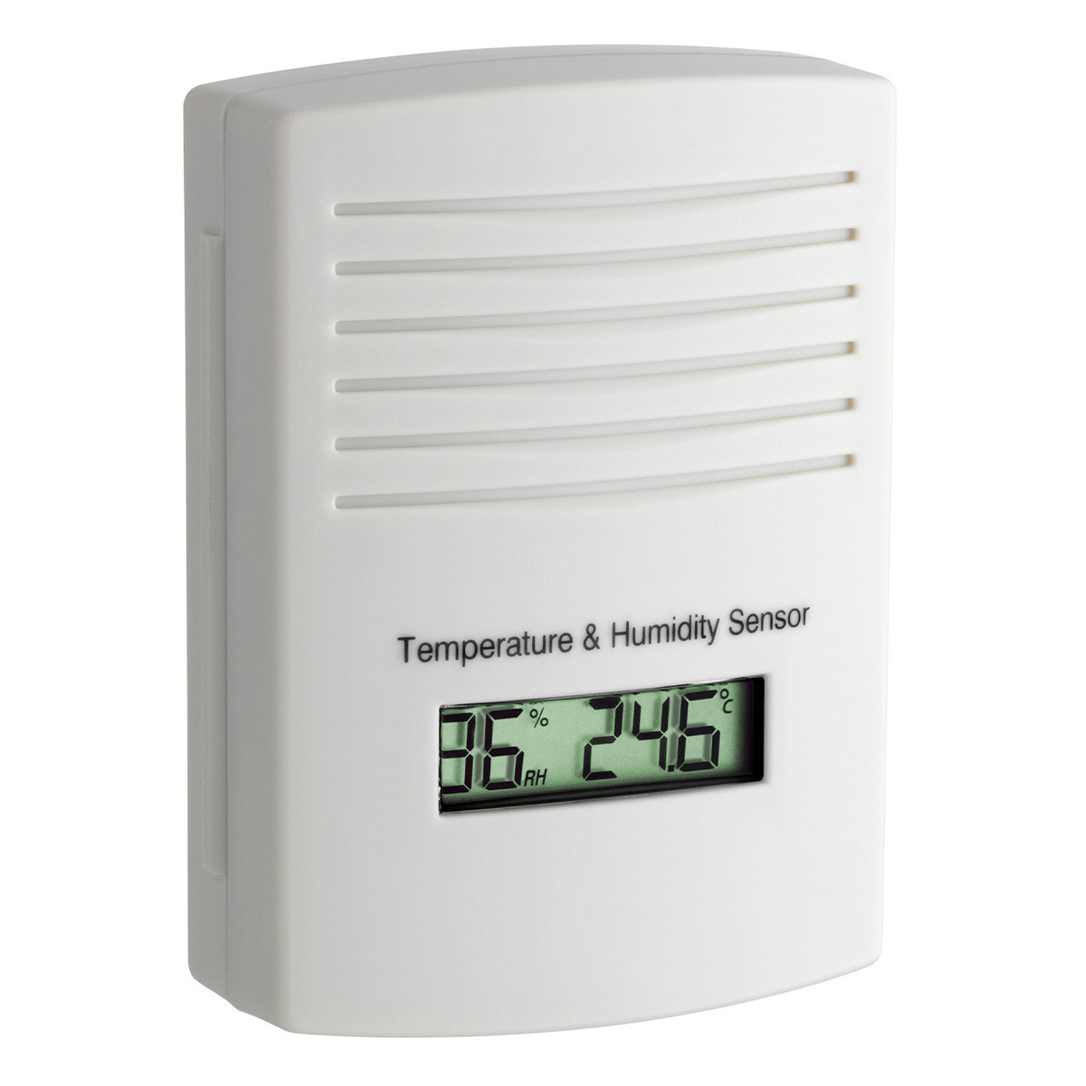 Biały czujnik temperatury i wilgotności wyświetla 36% wilgotności i 24,6 stopni Celsjusza. Ma cyfrowy wyświetlacz i żebrowaną górę.