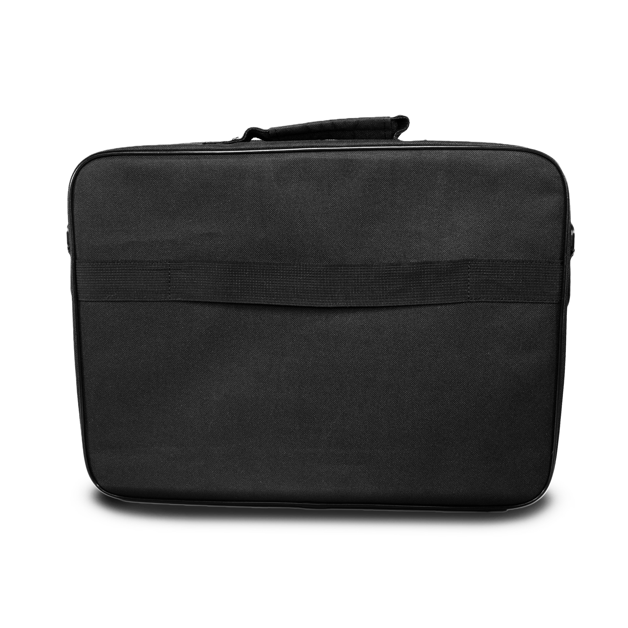 Una borsa nera rettangolare con manico e cinturino. È su una superficie bianca con un'ombra.