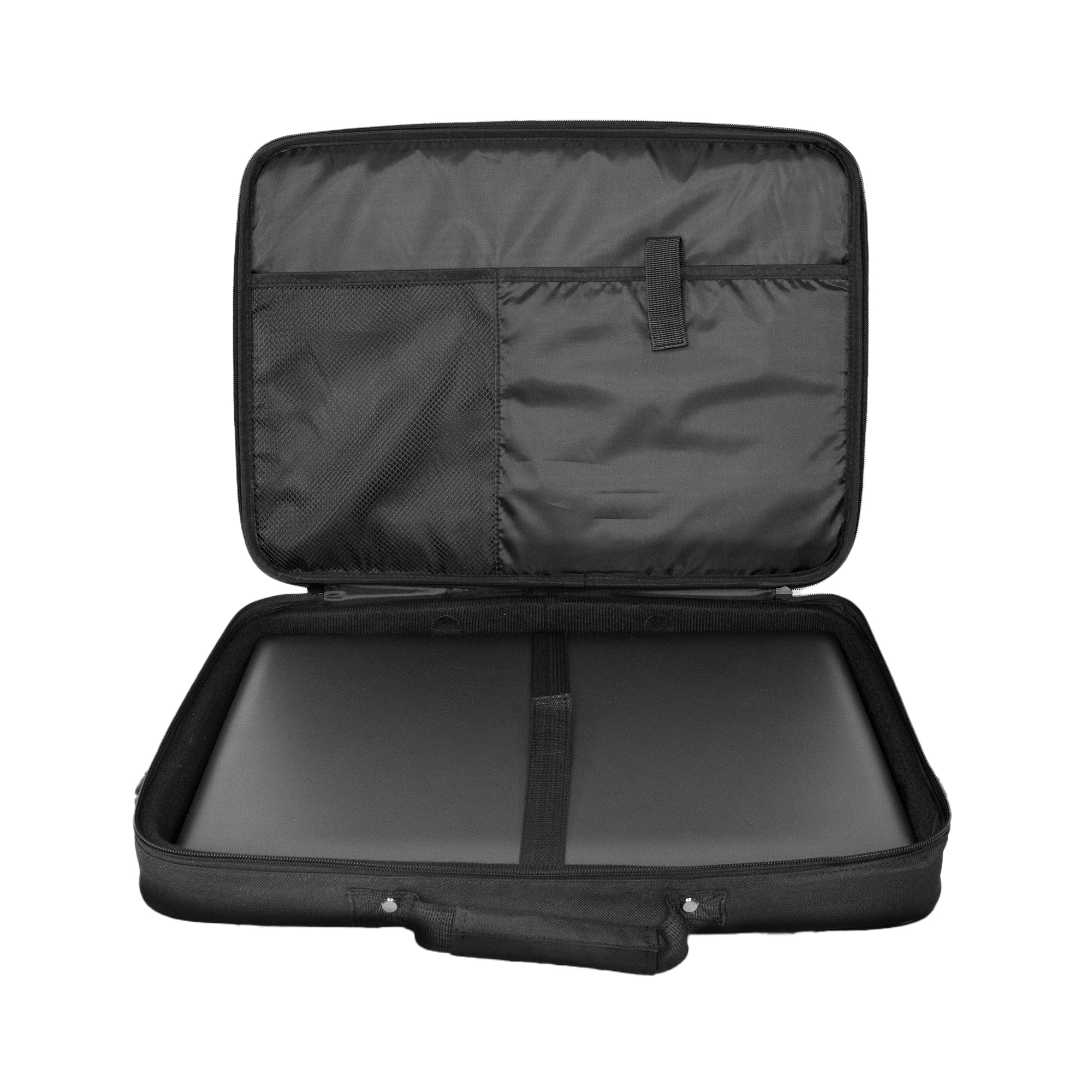 Borsa nera aperta per laptop con laptop all'interno. Scomparti e manico.