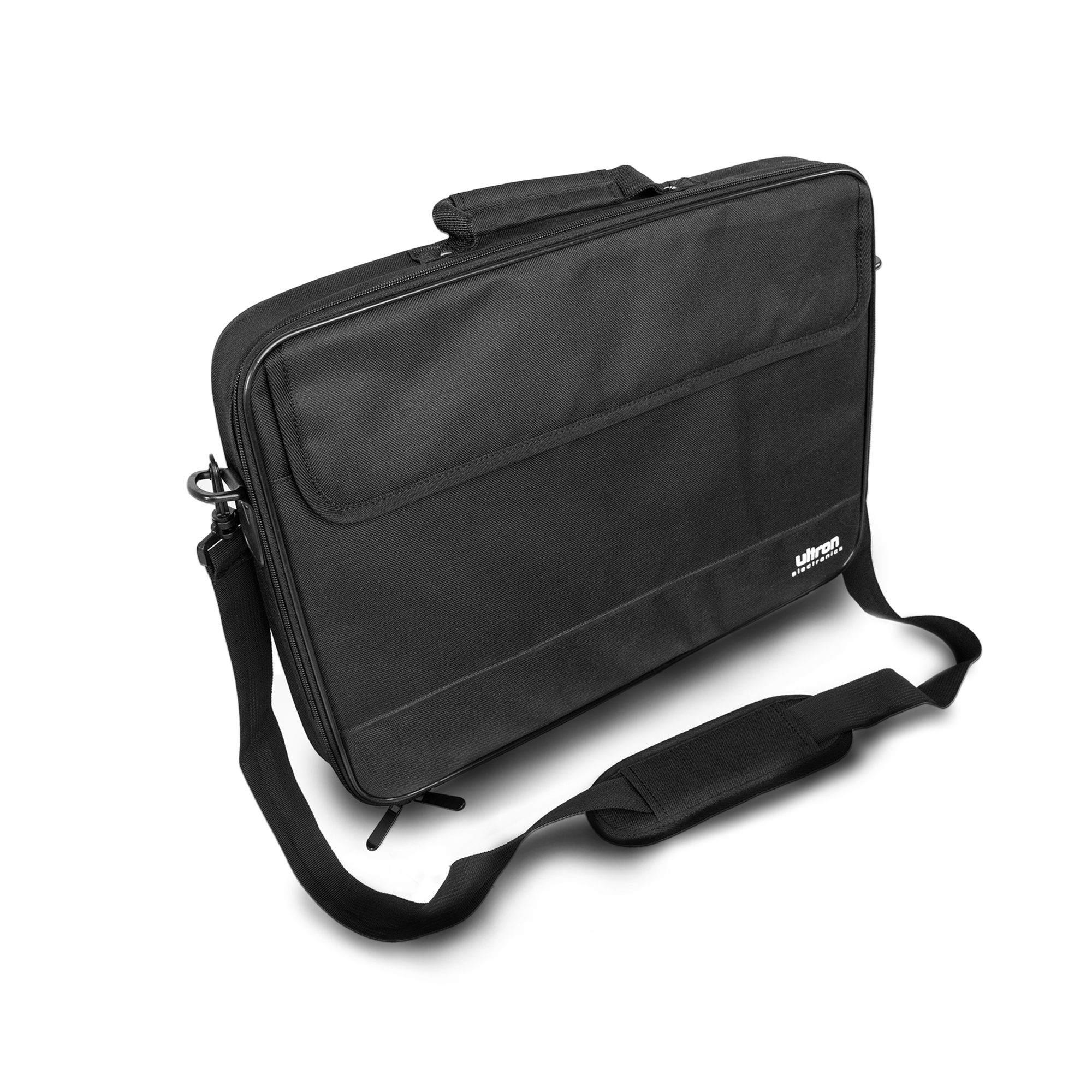 Borsa nera per laptop con tracolla. Ha una maniglia e un piccolo logo. Sfondo bianco.